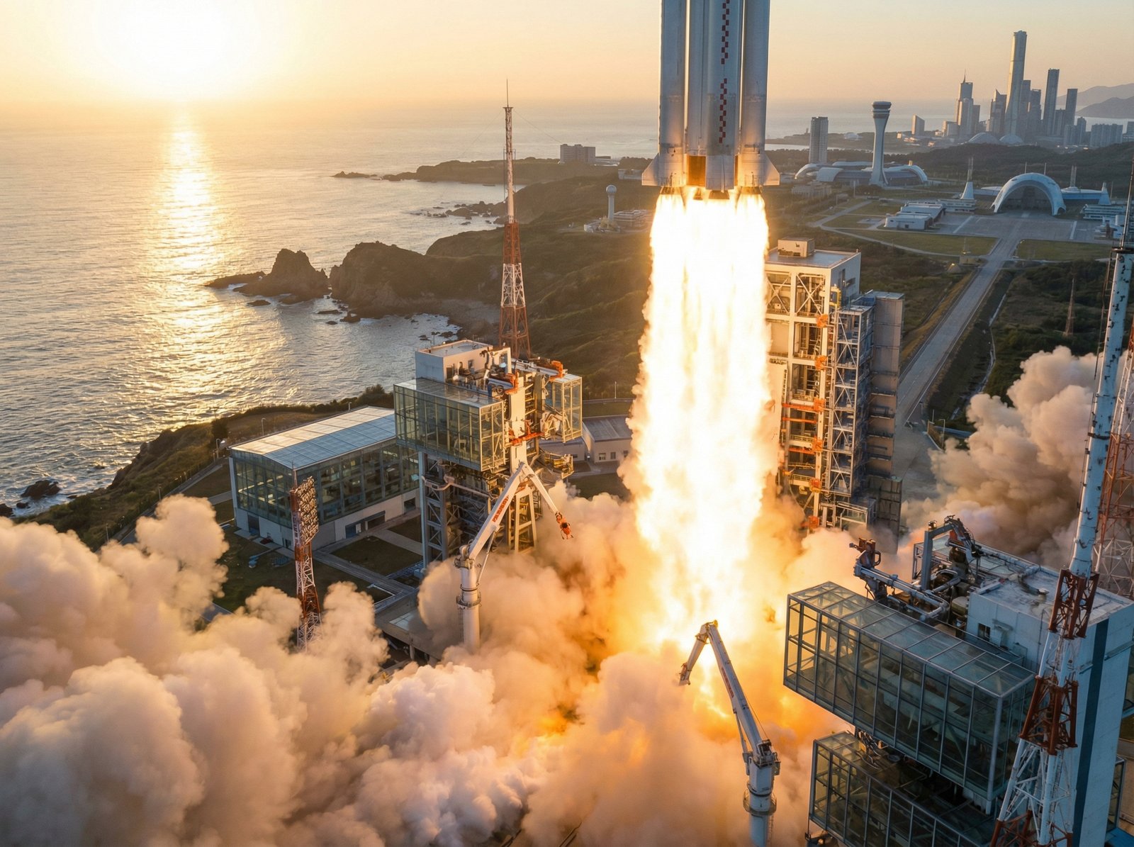 A futuristic scene of a large Chinese commercial rocket taking off from a coastal launchpad, powerful fire and smoke at the base, high-tech infrastructure, sunrise lighting, photorealistic style, 4:3 aspect ratio, no text