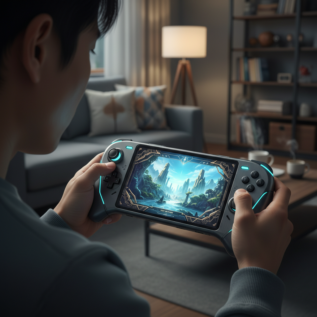 A person holding a handheld gaming device with high quality graphics on screen, soft indoor lighting, focused expression, Korean appearance, detailed tech device, no text