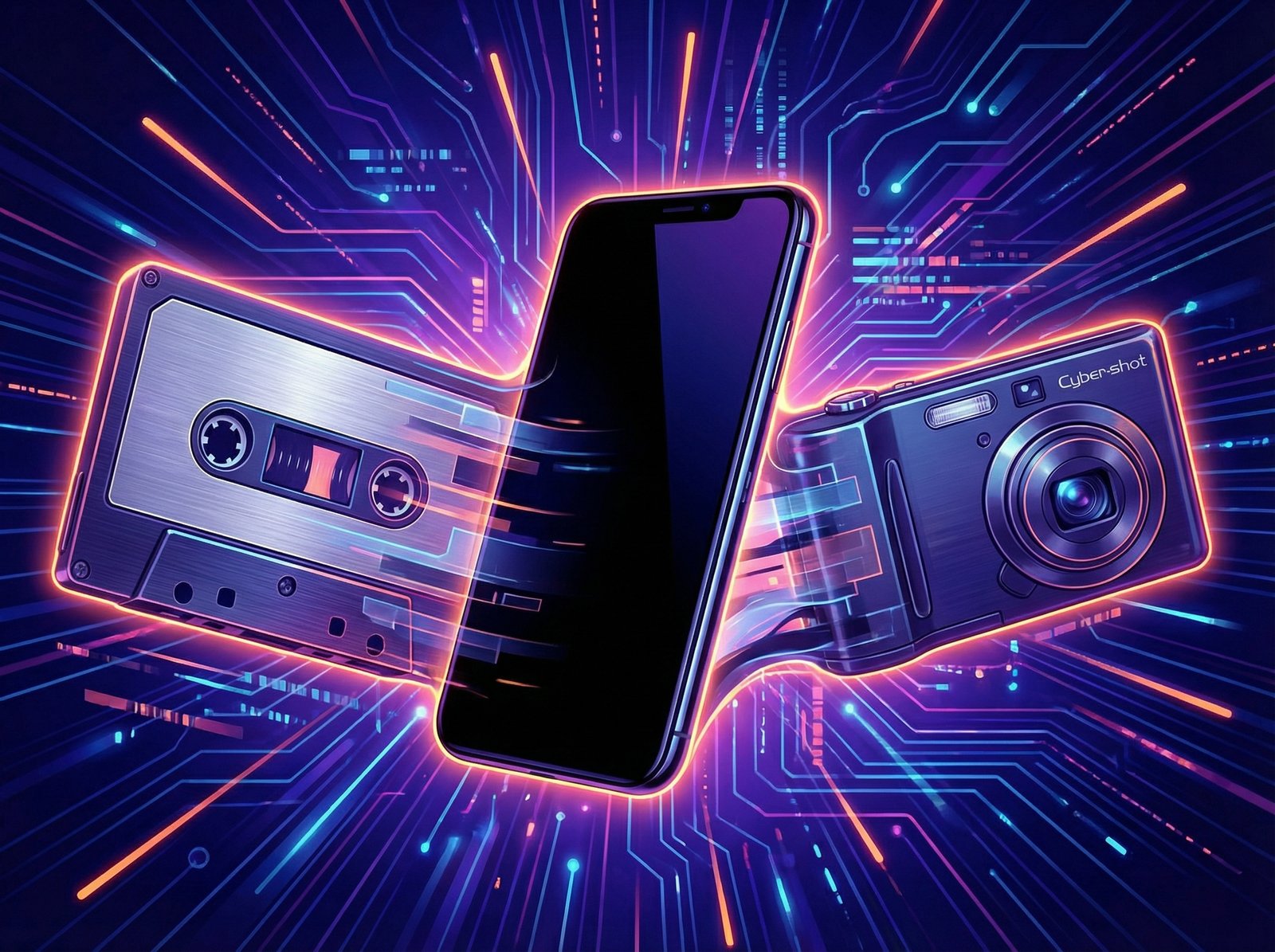 Artistic representation of a classic silver Sony Walkman and a Cyber-shot camera merging into a modern slim smartphone, vibrant tech background, high contrast, 4:3 aspect ratio, no visible text