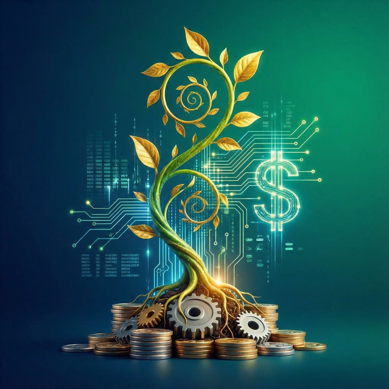 A conceptual image symbolizing investment strategy and growth, with a growing plant intertwining with subtle digital elements and a money symbol. Clean, modern, and high-contrast composition on a gradient background. No visible text. Aspect ratio 1:1.