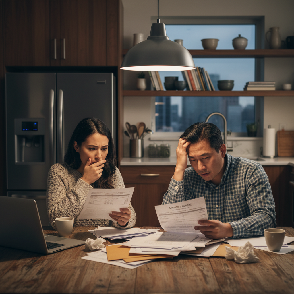 A worried Korean American couple looking at medical bills at a kitchen table realistic lifestyle photography soft indoor lighting rich background no text