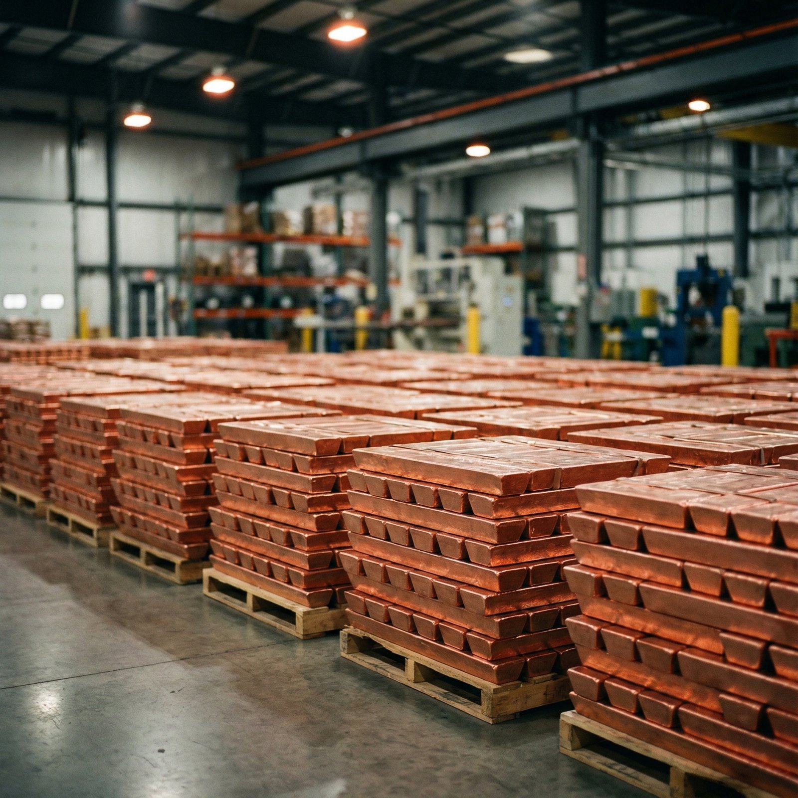 Copper ingots stacked in a modern, clean warehouse, industrial background blurred, warm lighting, high contrast, no visible text, aspect ratio 1:1