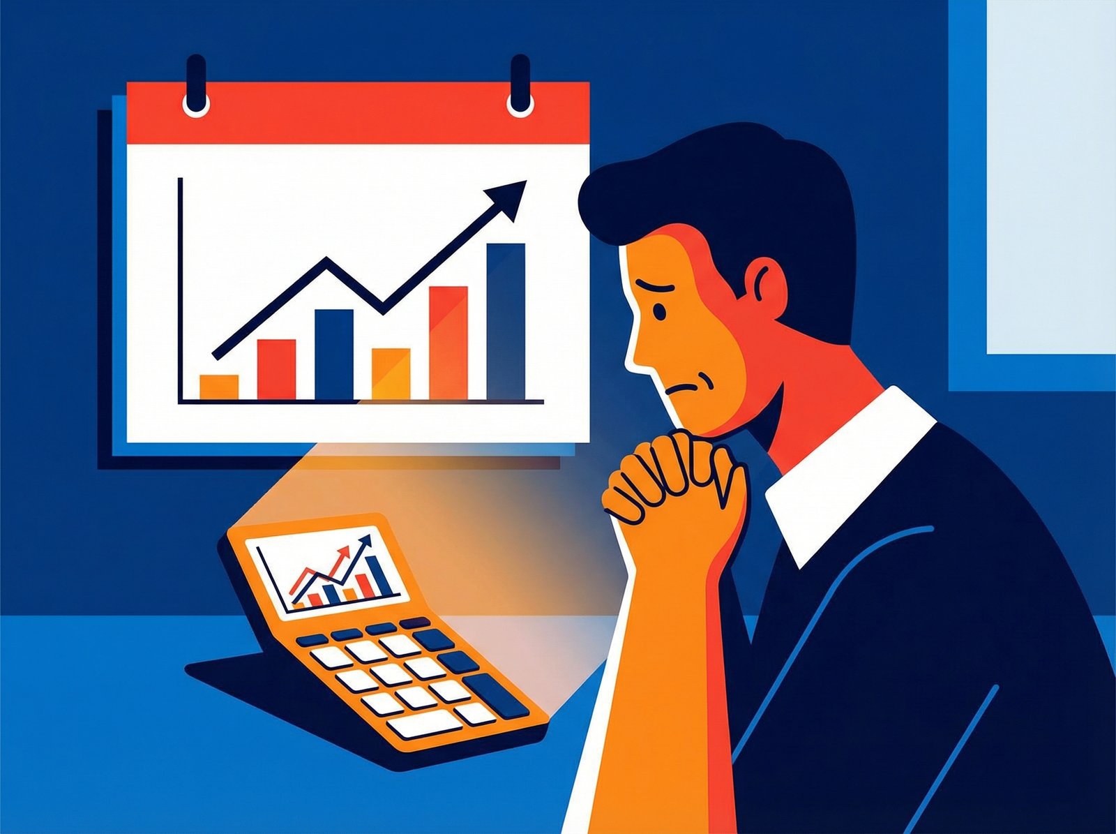 A person looking worried at a calculator showing rising numbers, with a calendar in the background. Modern, clean infographic style, high contrast, 4:3 aspect ratio, no visible text.