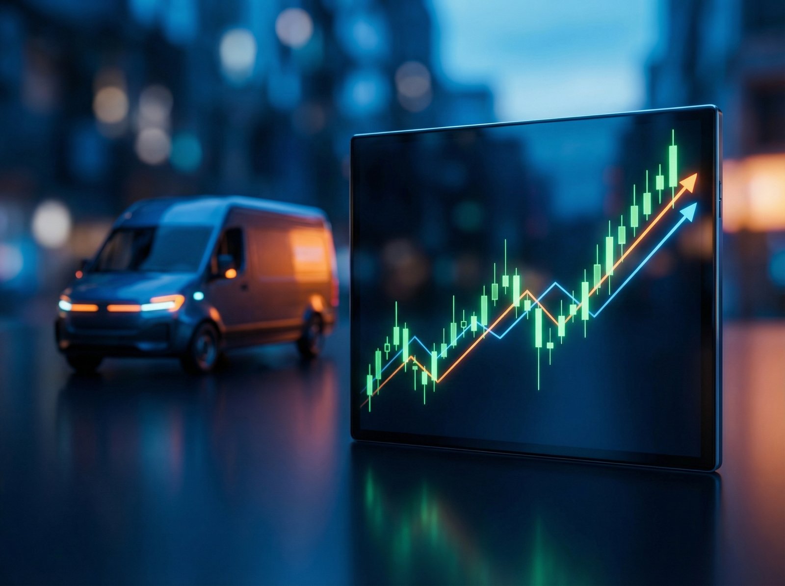 A sleek digital screen displaying a stock market candle chart with a significant upward green trend line, the background features a modern e-commerce delivery truck blurred, high contrast, blue and orange color theme, aspect ratio 4:3, no visible text