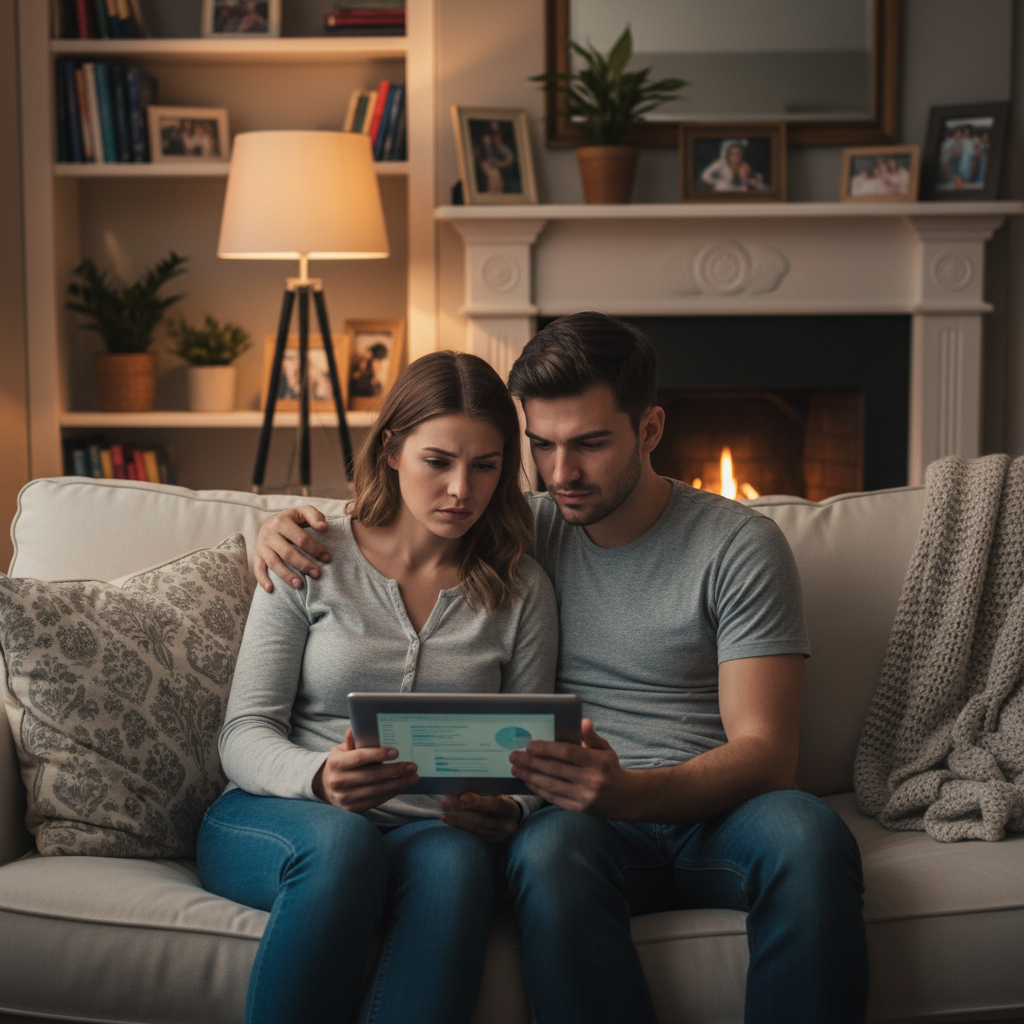 A young couple sitting on a sofa looking at a digital tablet together, concerned but calm expressions, cozy living room background, warm lighting, natural lifestyle setting, no text