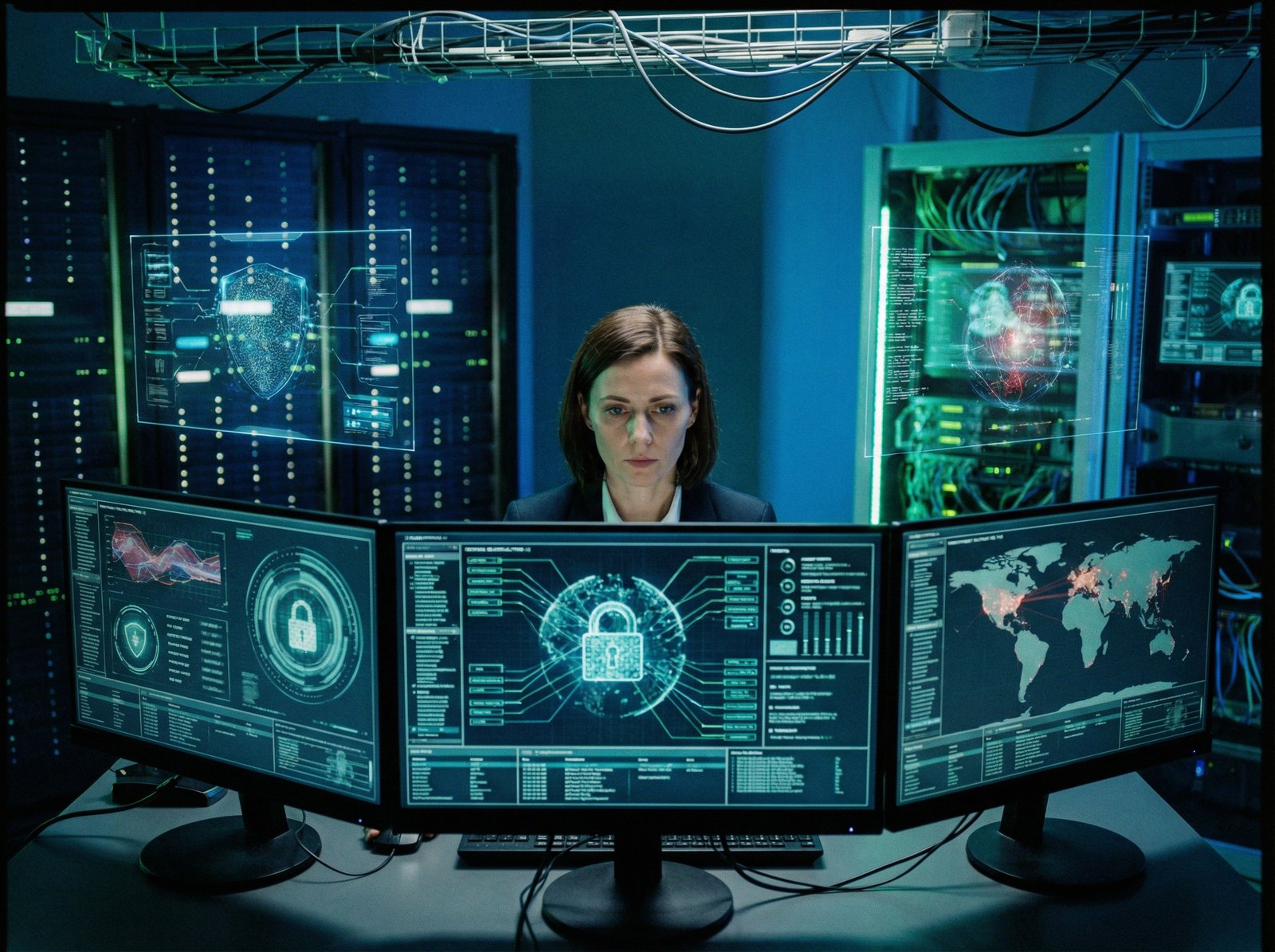 A cyber security professional analyzing data on multiple screens in a dimly lit, high-tech office, focus on data protection. aspect ratio 4:3, no visible text