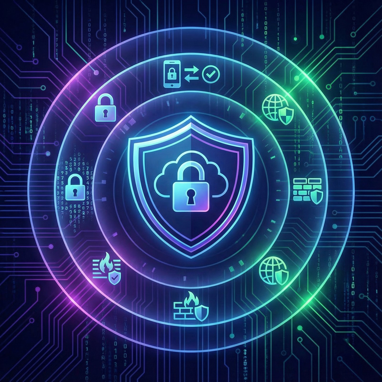 A visual representation of cybersecurity with layers of protection, like a shield icon protecting data, and symbols for strong passwords and two-factor authentication. Informational infographic, high contrast. No visible text. Aspect ratio 1:1.