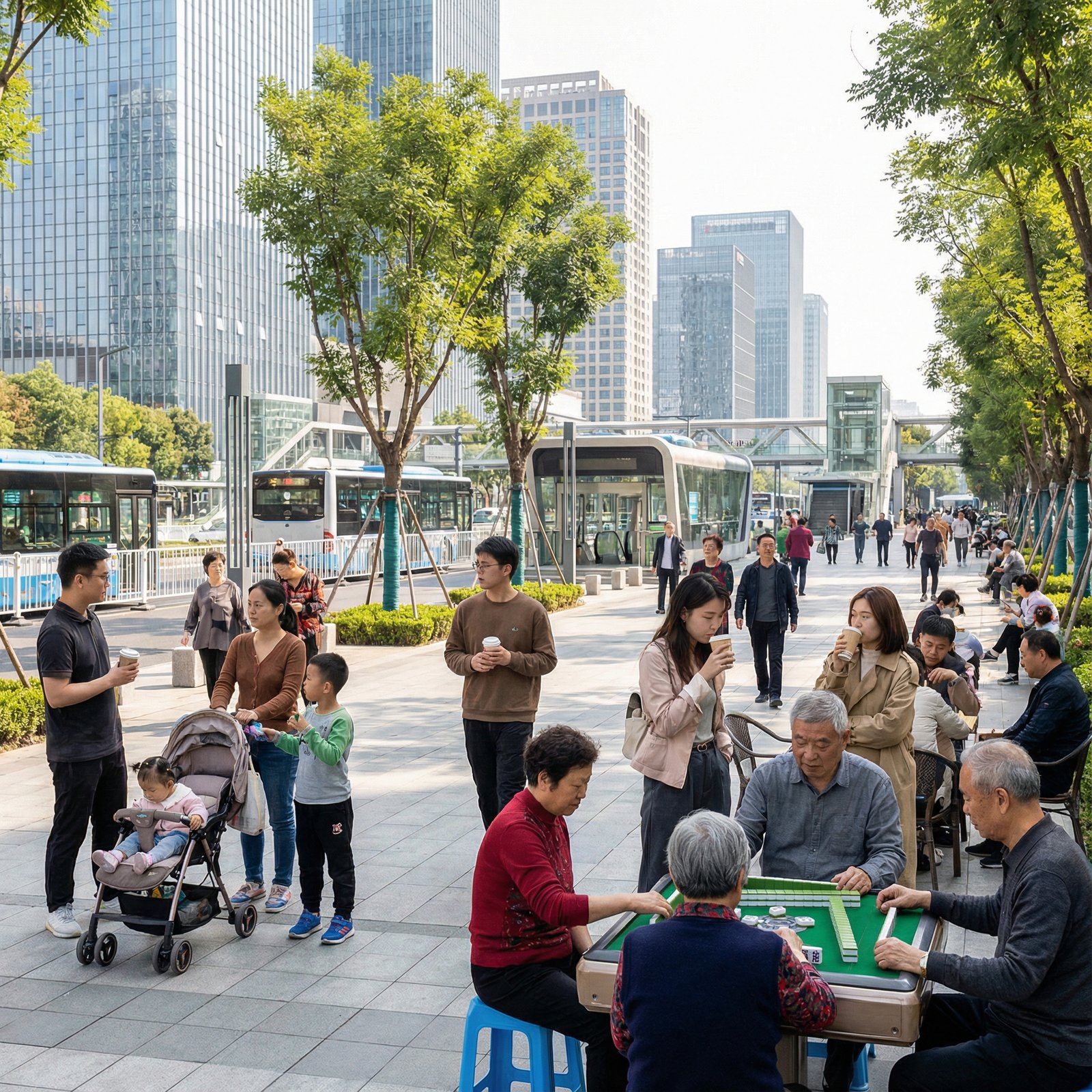 A depiction of everyday life in a democratic Chinese city, with diverse people engaging in social activities, clean streets, and modern infrastructure, bright lighting, 1:1 aspect ratio, no visible text.