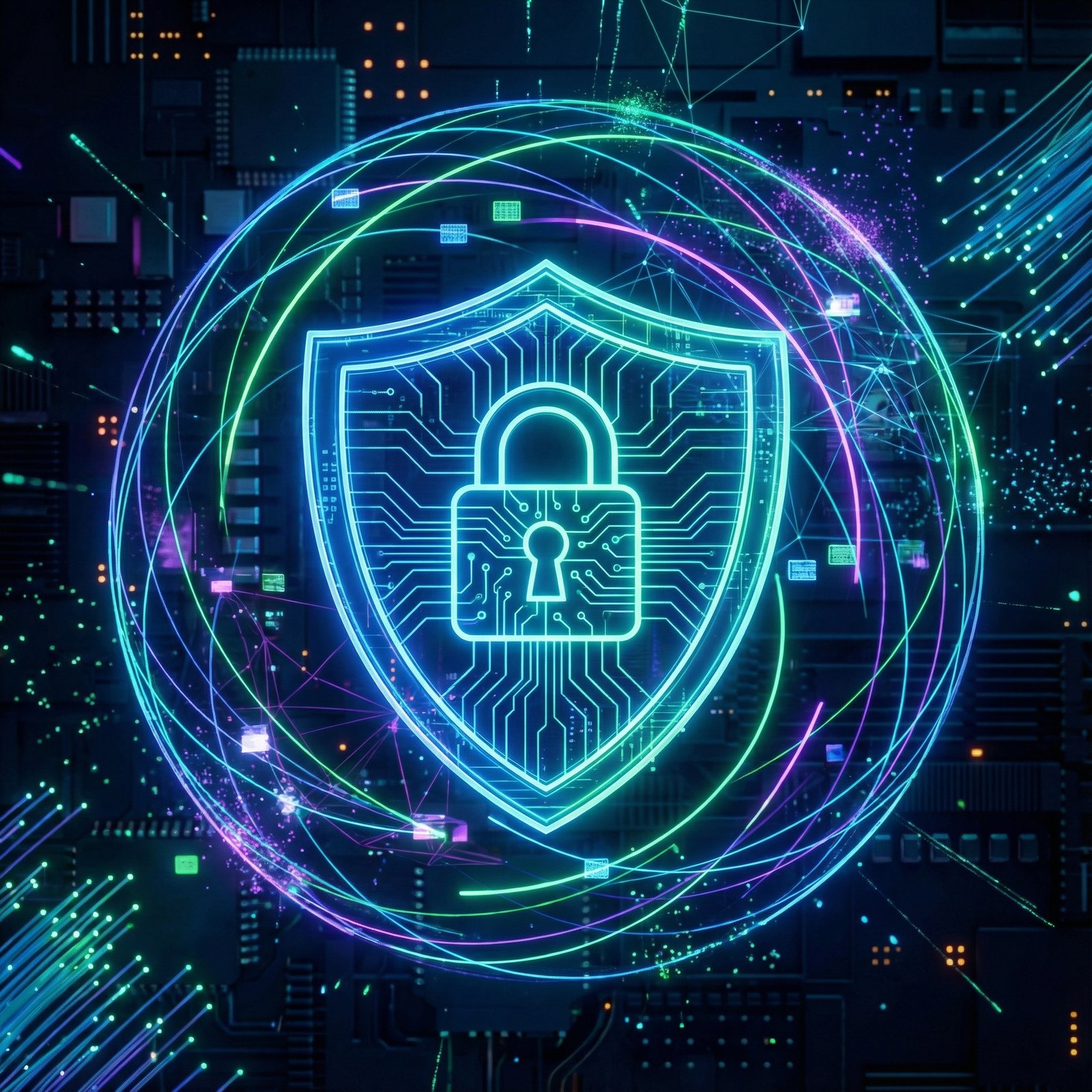 A digital shield icon representing data privacy and protection, surrounded by abstract glowing lines on a dark, tech-inspired background. aspect ratio 1:1, no visible text
