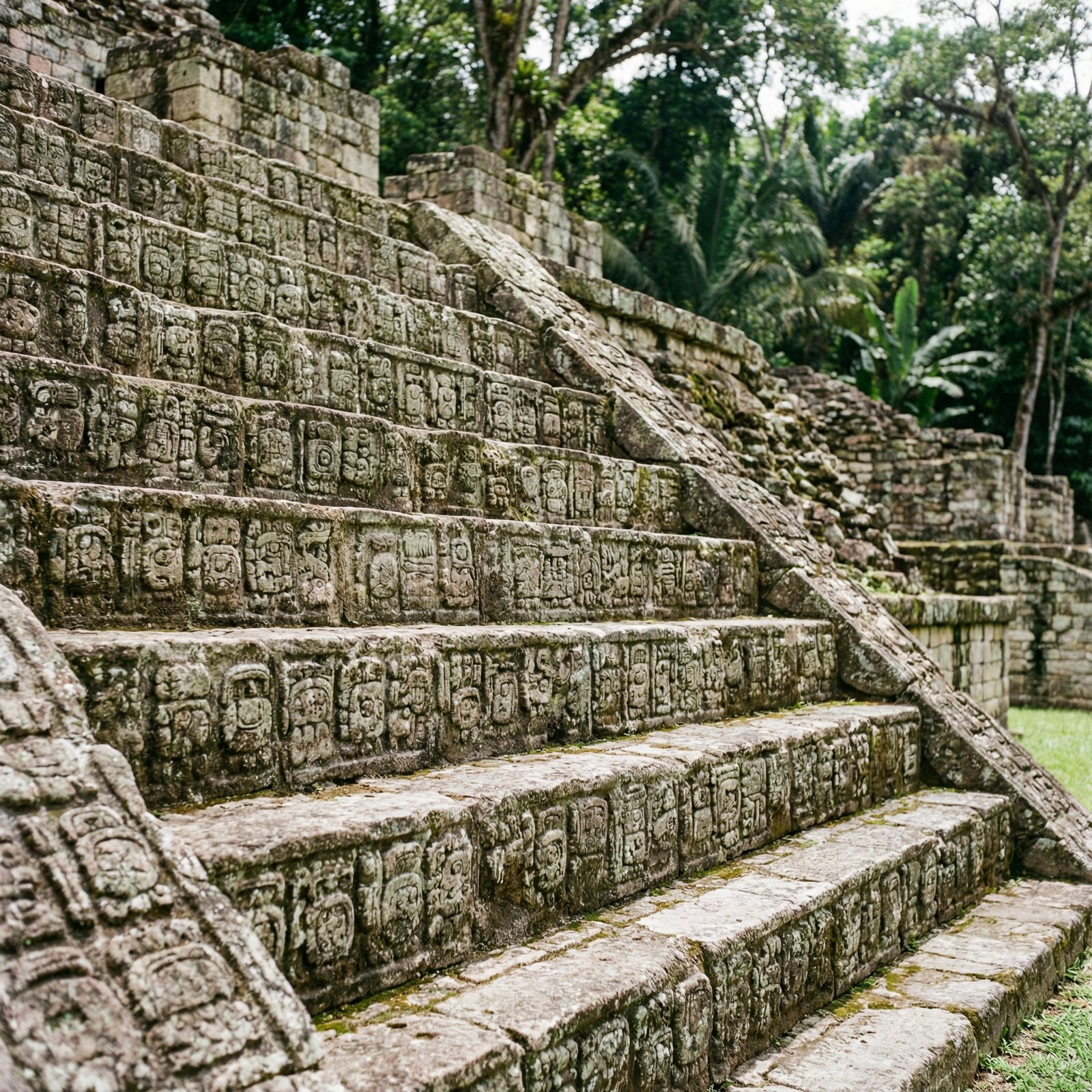 Close-up of the Hieroglyphic Stairway in Copan, intricate Mayan glyphs carved into stone steps, ancient weathered texture, archaeological site context, 1:1, no text