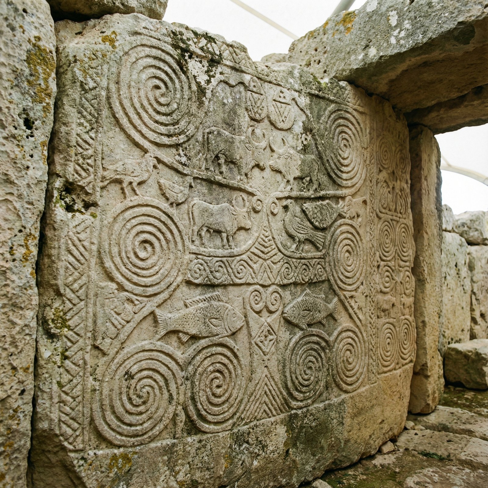 Detailed illustration of an ancient stone carving found in a Maltese megalithic temple, intricate patterns, craftsmanship, textured stone background, no visible text, 1:1 aspect ratio.