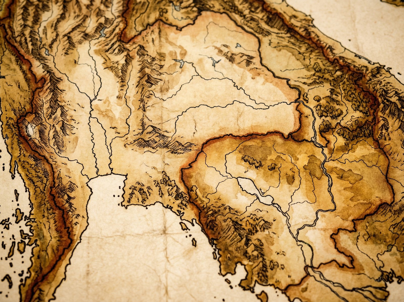 A detailed and artistic close up of a geographic map focusing on the border region of Thailand and Cambodia, warm tones, high quality paper texture, realistic rendering, 4:3 aspect ratio, no text