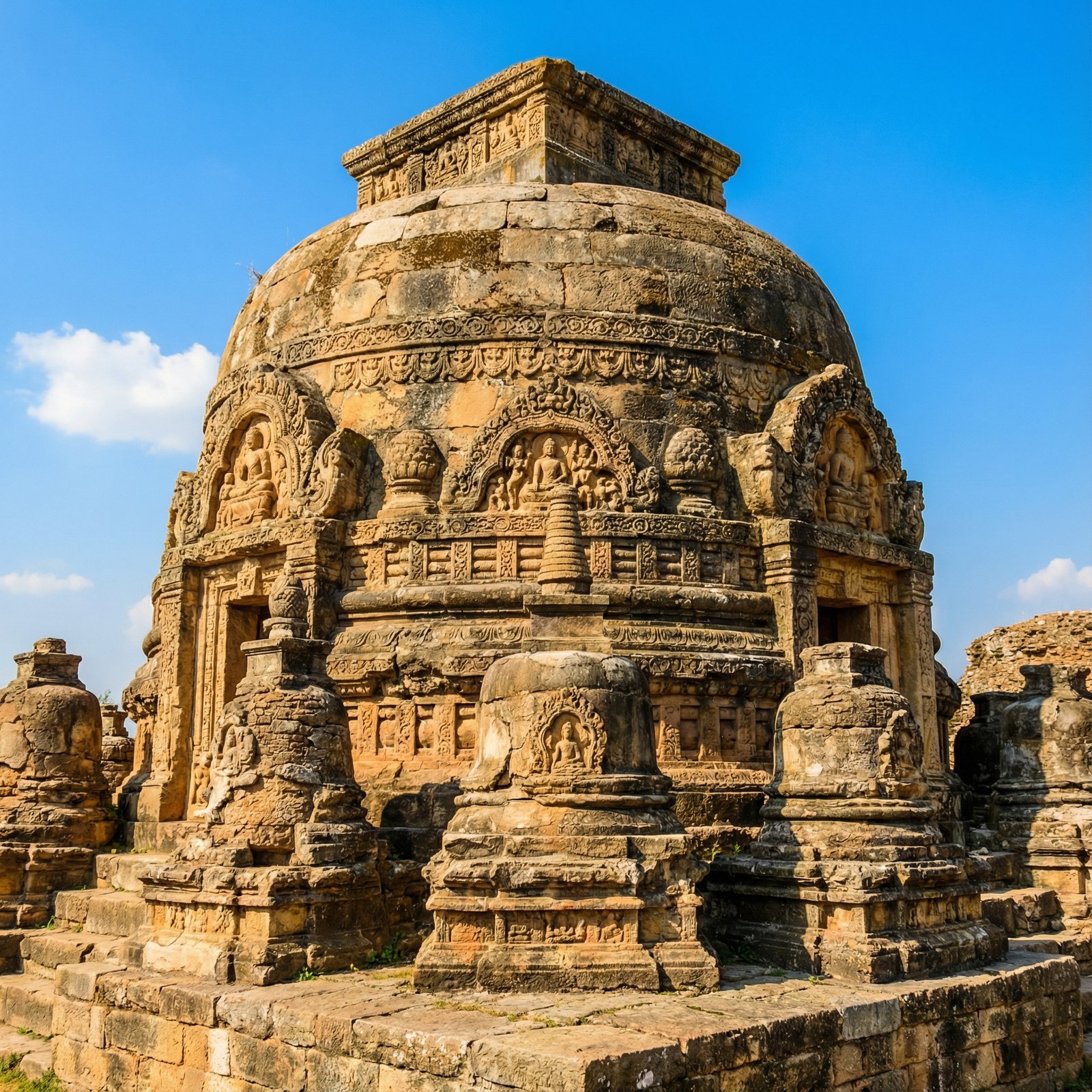 Close-up view of the ancient Dharmarajika Stupa ruins in Taxila, Pakistan. The stone structure shows detailed carvings and signs of age, with smaller stupas surrounding the main one. The sky is bright blue. Aspect ratio 1:1, no visible text.