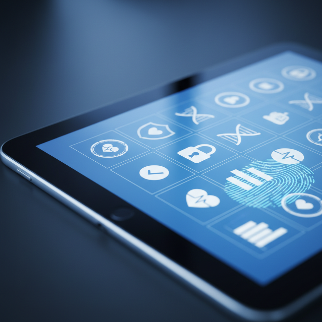 A high contrast close up of a digital tablet screen showing security lock icons and health data symbols clean layout blue and white tones no text