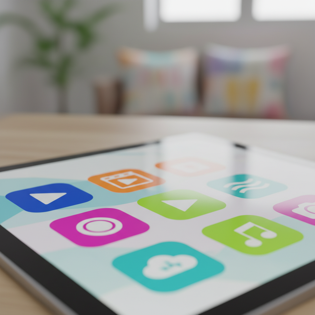 A close-up of a tablet screen showing various colorful media and video icons, modern lifestyle photography, vibrant colors, soft focus background, no text