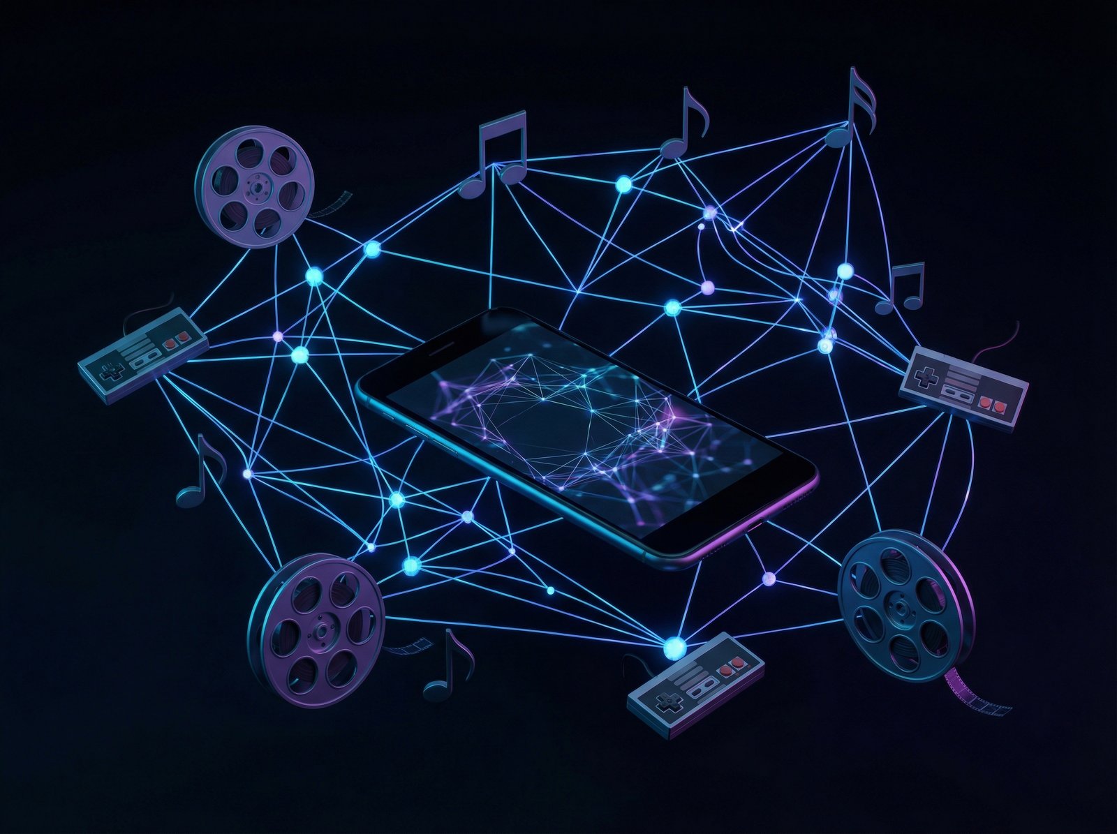 A glowing digital network connecting movies, music notes, and game icons to a central smartphone device, dark professional background, 4:3 aspect ratio, no visible text