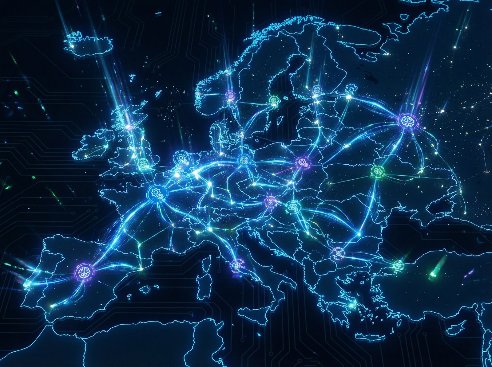 A detailed composition of a digital map of Europe showing glowing blue energy lines and AI icons representing smart grid management dark background with vibrant light trails 4:3 no visible text