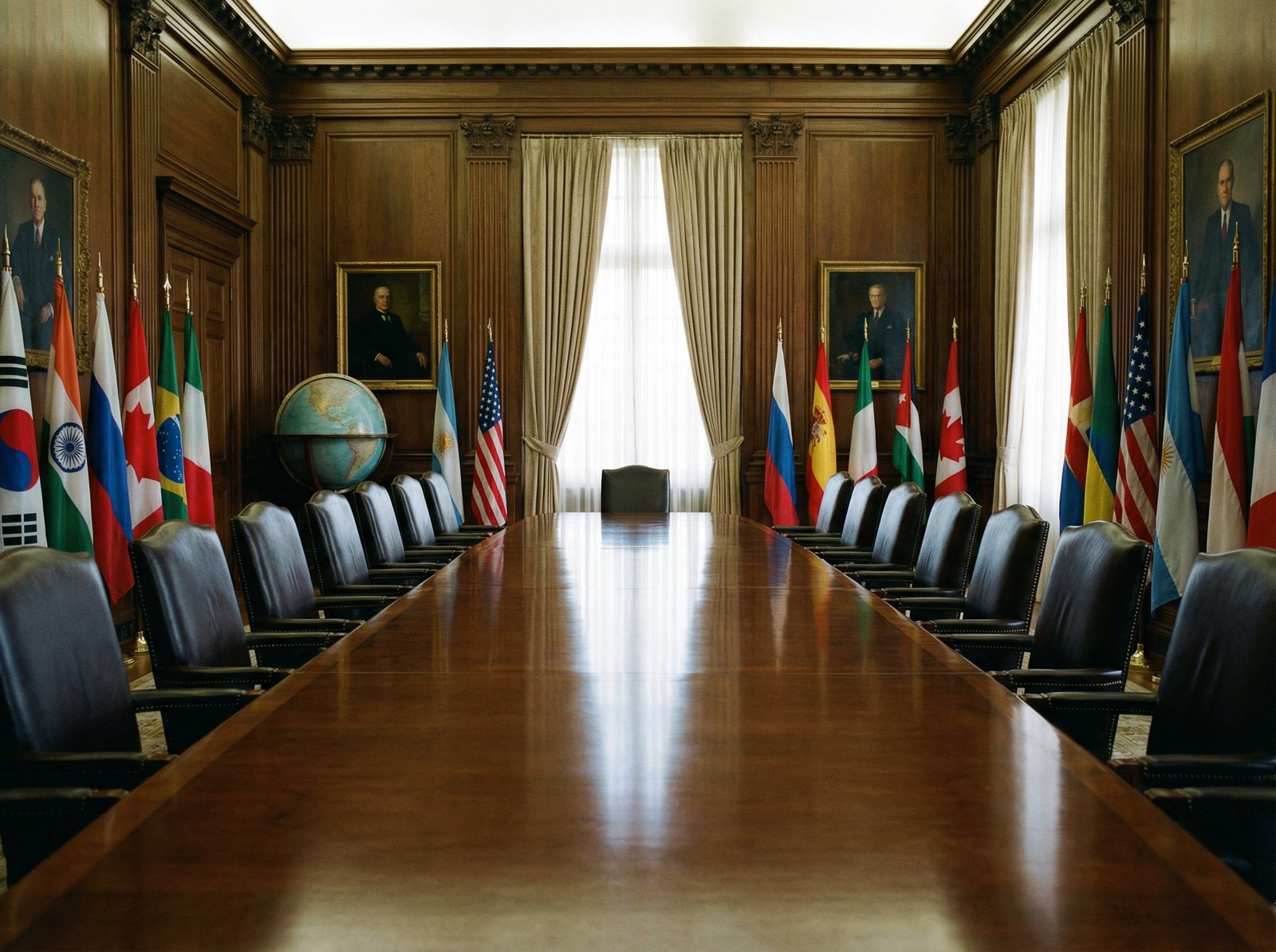 A long polished wooden conference table with empty chairs, representing high-stakes diplomatic negotiations, a formal and serious atmosphere, 4:3 aspect ratio, no visible text.