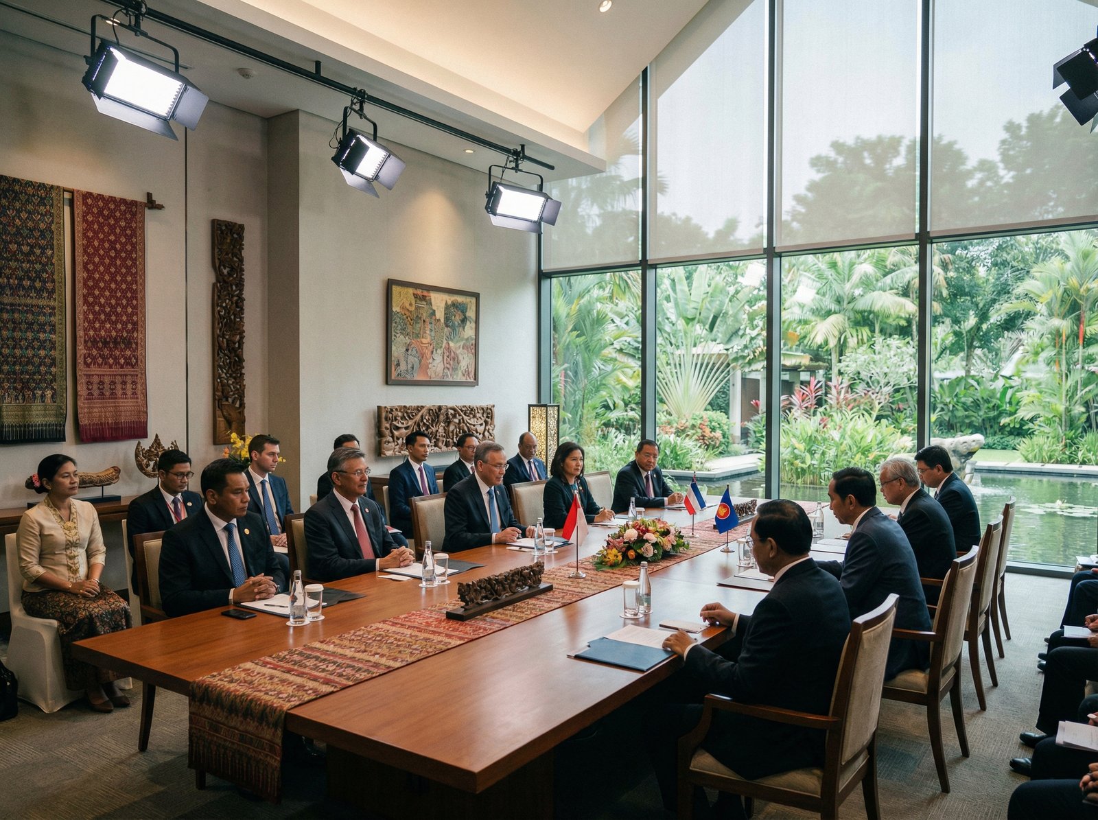 A professional and formal setting of a diplomatic meeting in a modern conference hall with Southeast Asian decor elements, large windows showing a garden, professional lighting, realistic style, 4:3 aspect ratio, no text