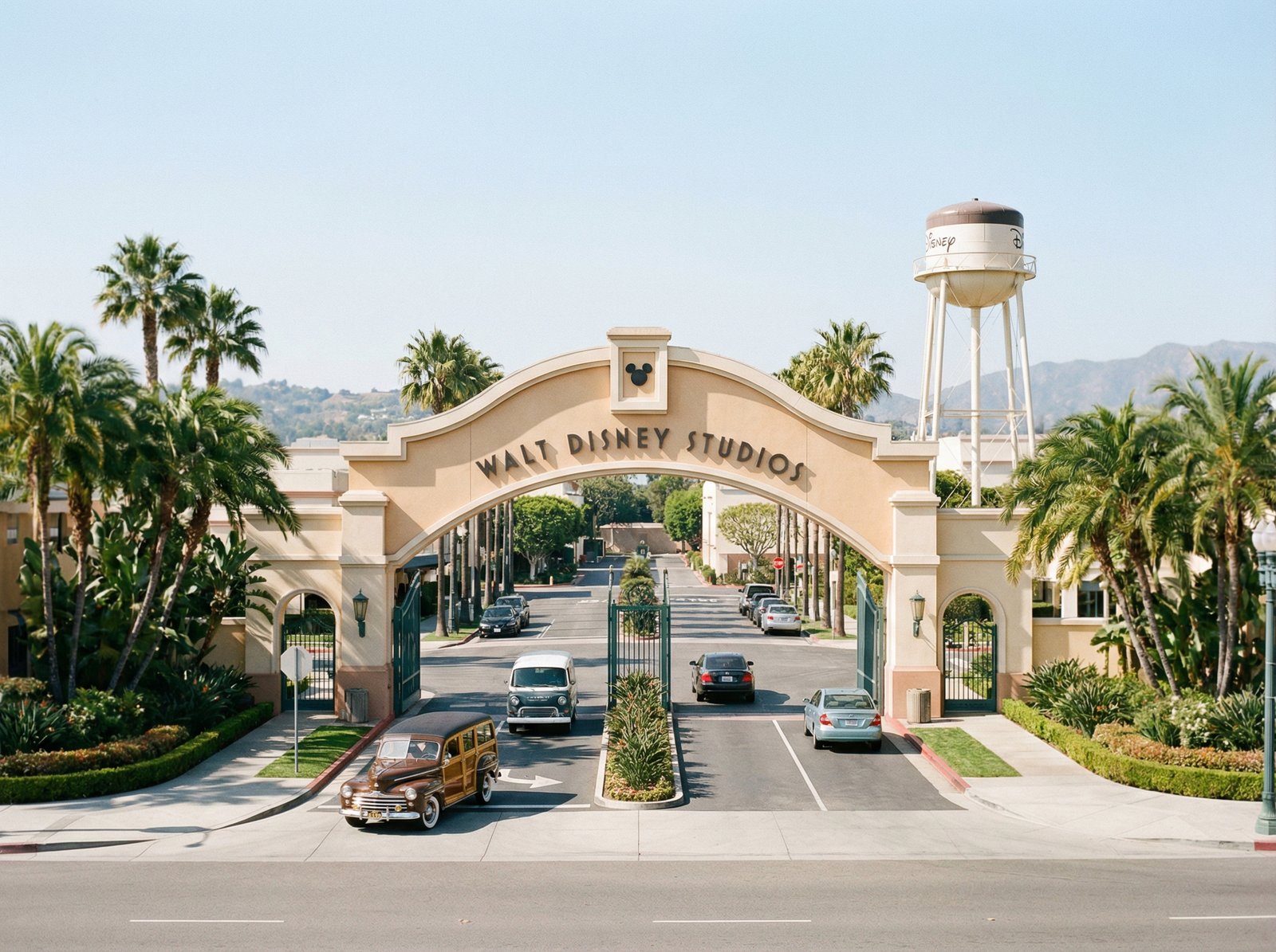 A professional wide-angle shot of the entrance to Walt Disney Studios in Burbank, California. The scene is bright and clear, showing vehicles entering the studio. The composition should be visually rich with a slight blur in the background to focus on the entrance, in an informational style, aspect ratio 4:3, no visible text.