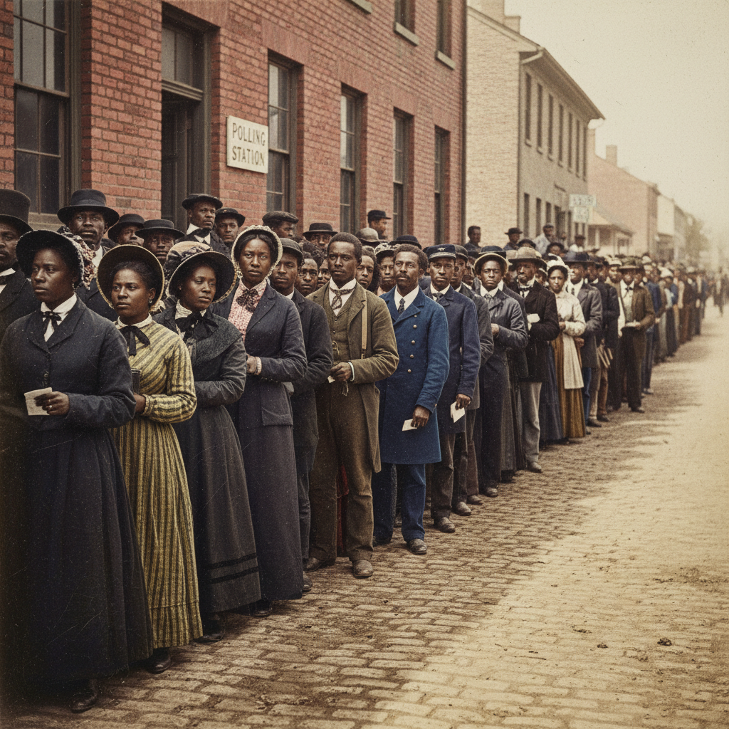 A diverse group of people including African Americans standing in line to vote in 1870s America, lifestyle photography style, historical setting, rich colors, no text