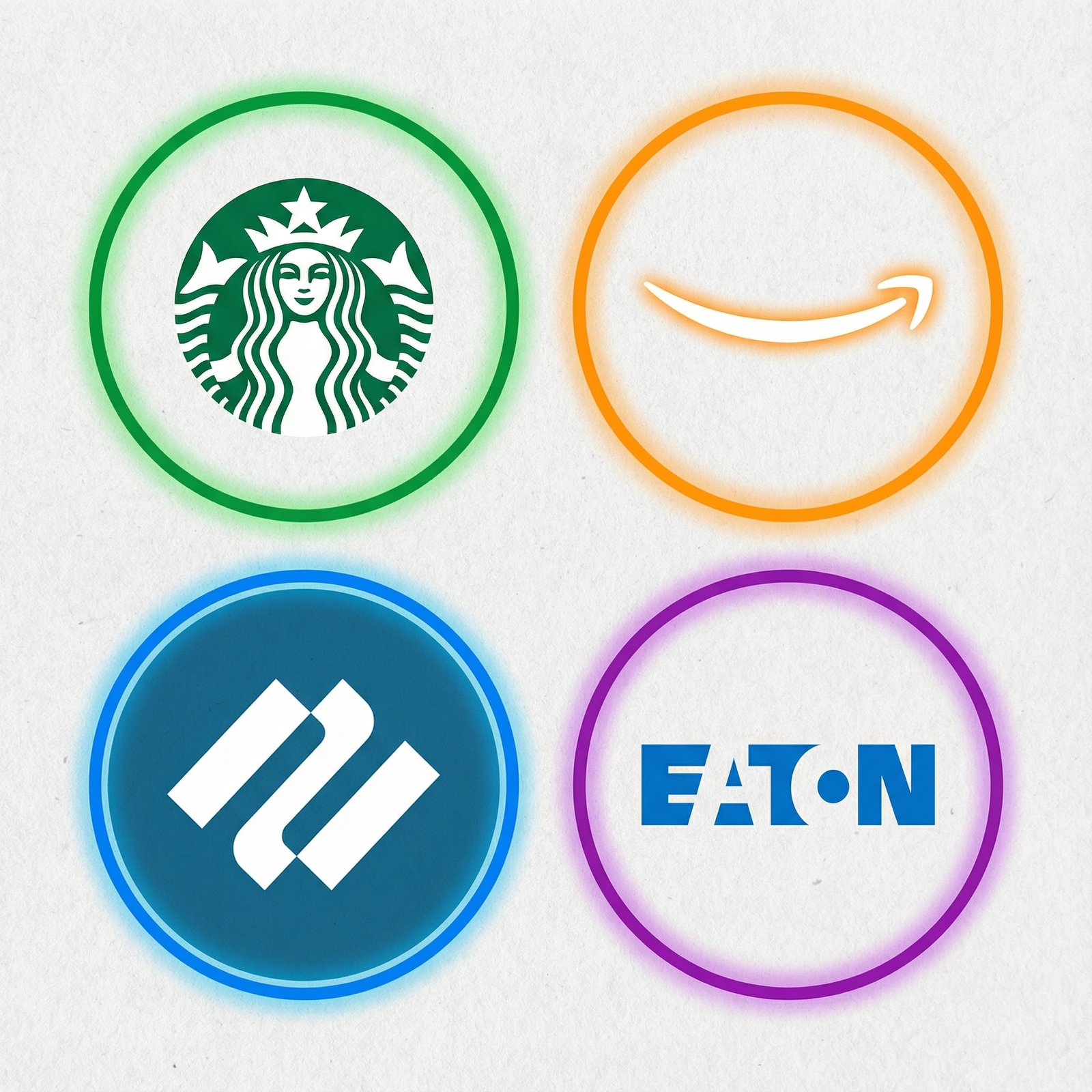 A clean infographic showing the logos of Starbucks, Amazon, Palo Alto Networks, and Eaton. The logos are arranged symmetrically with a modern layout and vibrant colors on a textured background. 1:1, no visible text.
