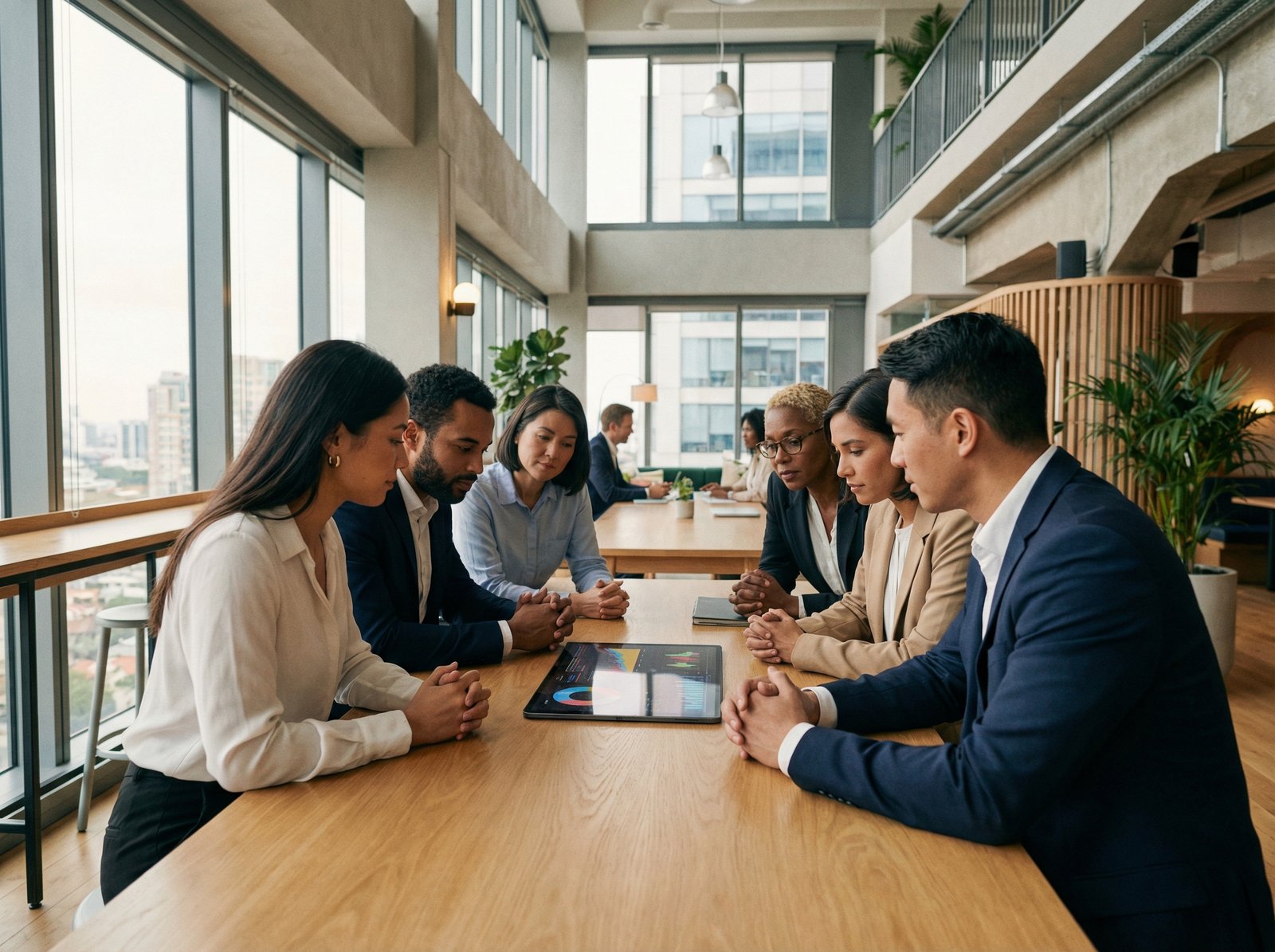 A diverse group of financial analysts in a modern office setting, looking at a tablet displaying abstract data. Focused and professional expressions. Warm, balanced lighting. No visible text. Aspect ratio 4:3.