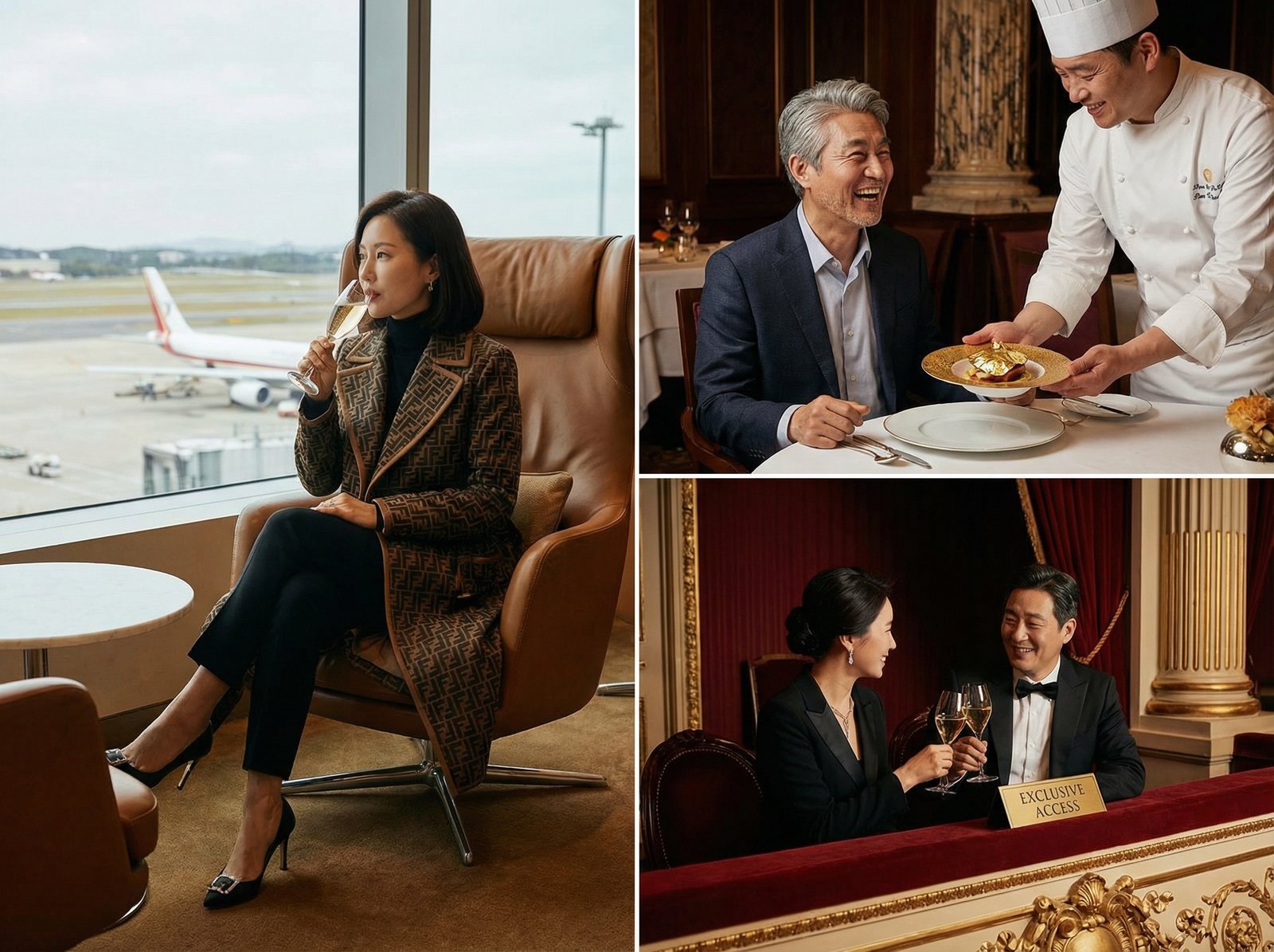 A diverse group of Korean individuals, each engaged in a different premium experience made possible by their credit cards: one at an airport lounge, another enjoying a gourmet meal, a third at an exclusive event. The composition should highlight the luxury and variety of perks, no visible text, 4:3 aspect ratio.