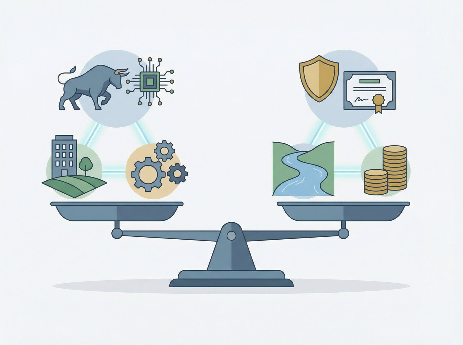 A visual representation of a diversified investment portfolio, with various icons or abstract shapes symbolizing different asset classes like stocks, bonds, and real estate, all balanced on a scale or connected by lines. Clean infographic style, modern layout. Aspect ratio 4:3. No visible text.