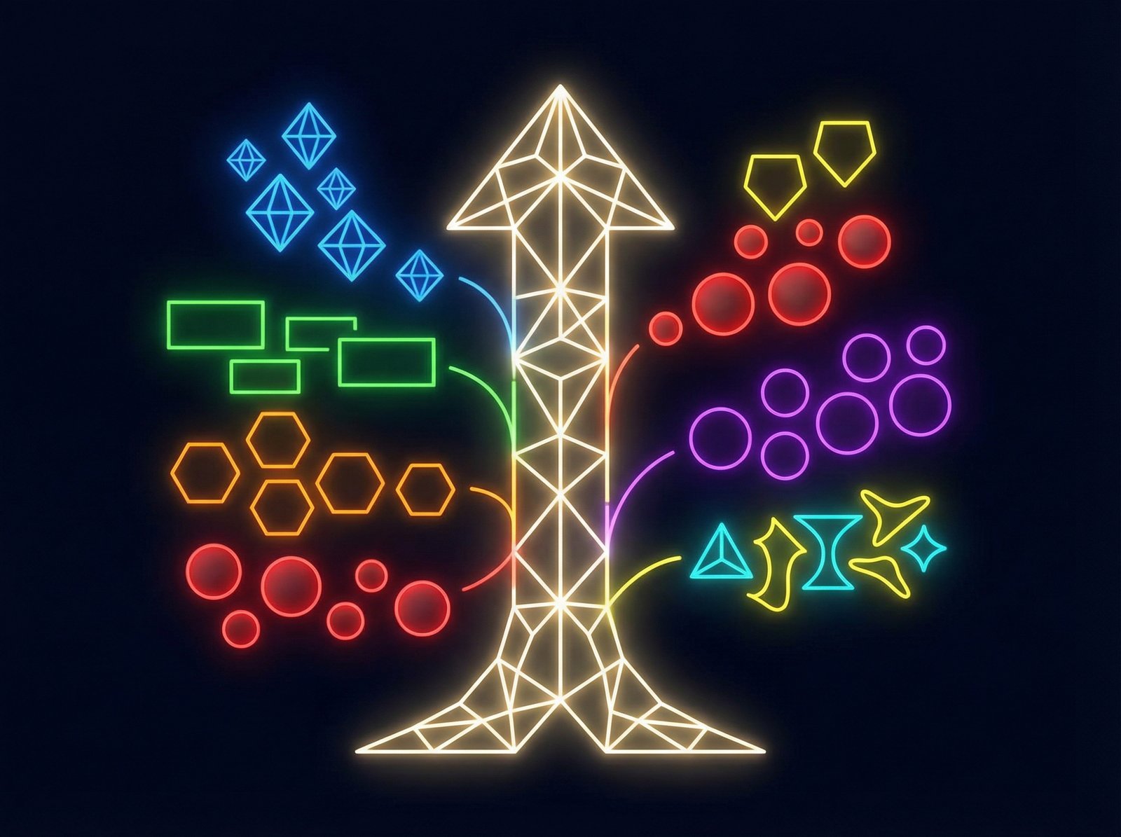 A clean infographic illustrating a diversified investment portfolio with various asset classes represented by different shapes and colors, all contributing to overall growth. Modern layout, high contrast. No visible text. Aspect ratio 4:3.