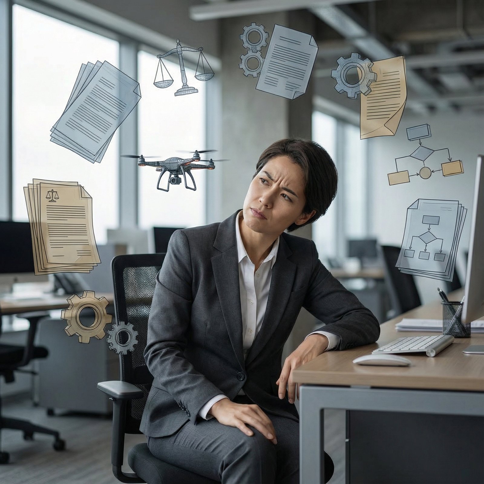 A person in a business suit looking at a drone with a confused expression, surrounded by abstract representations of complex regulations and legal documents. The background is a muted, modern office setting. Aspect ratio 1:1, no visible text.