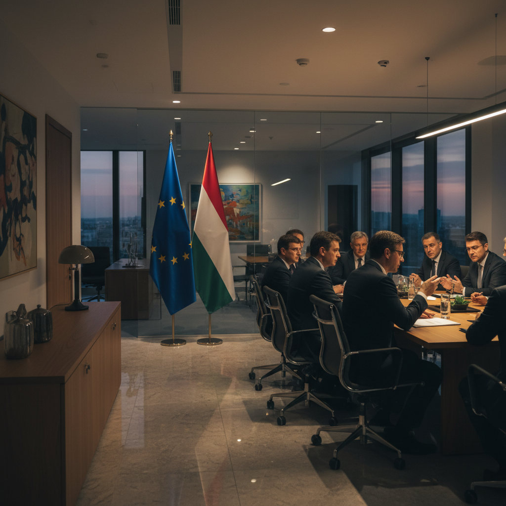 A professional diplomatic setting with EU and Hungarian flags in the background, warm lighting, high contrast, modern office layout, Korean person's perspective, no text