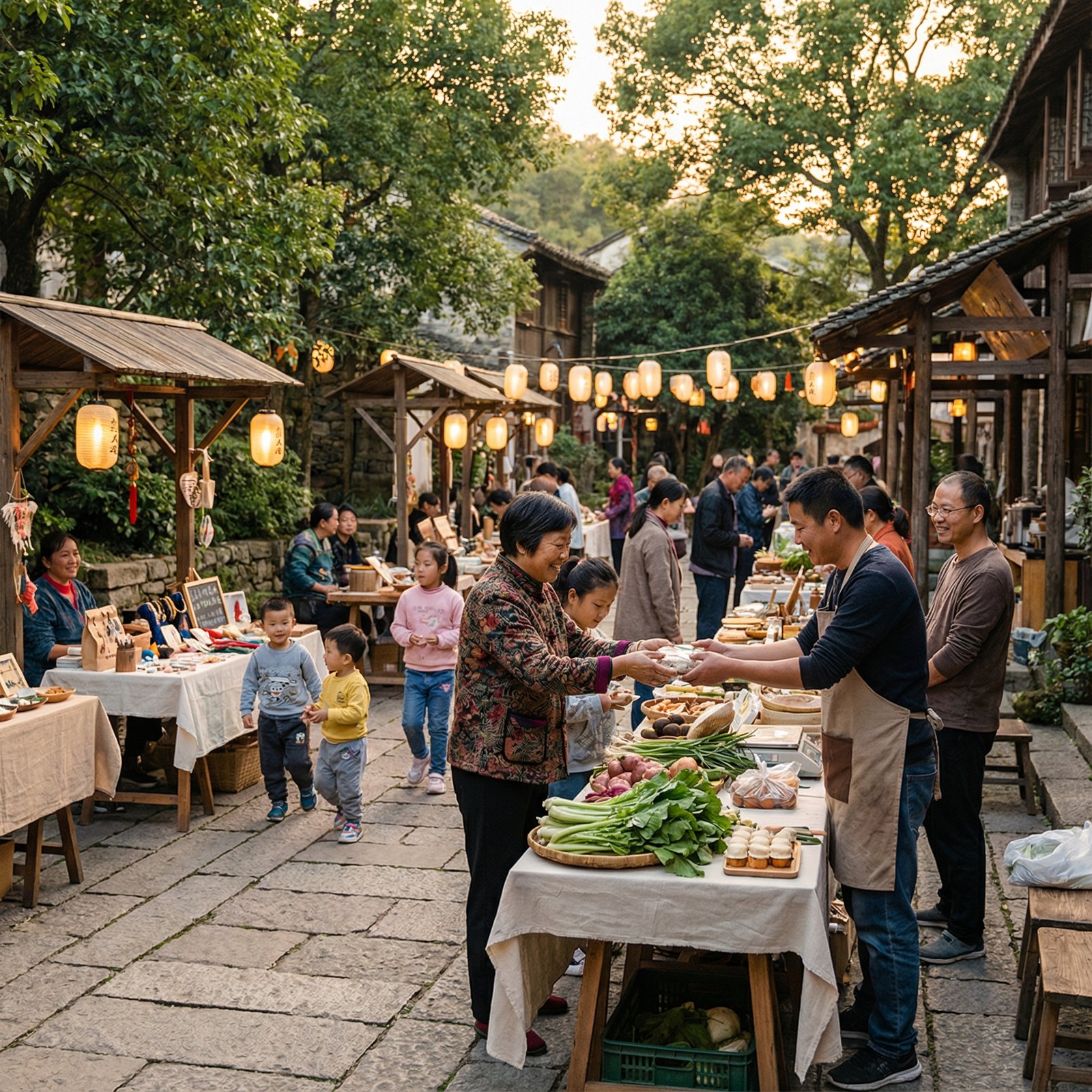 A conceptual image showing a vibrant Chinese economy with diverse businesses and people participating in a free market, in a lifestyle photography style with warm lighting, 1:1 aspect ratio, no visible text, natural setting.