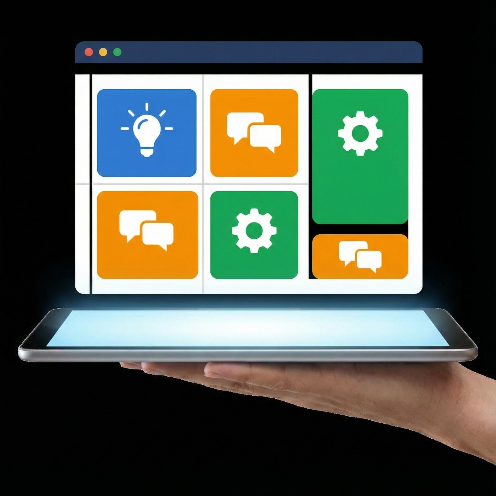 A simplified digital calendar on a tablet or computer showing fewer, well-organized meetings, with icons for brainstorming or discussion. Clean infographic style, modern layout, high contrast, no visible text, 1:1 aspect ratio.