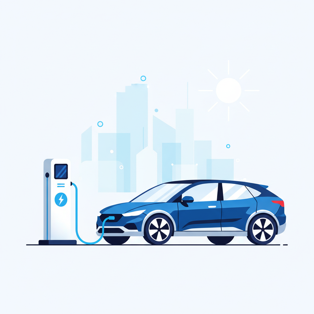 A modern electric vehicle charging at a public station, clean infographic style, urban background, bright daylight, high contrast, no text