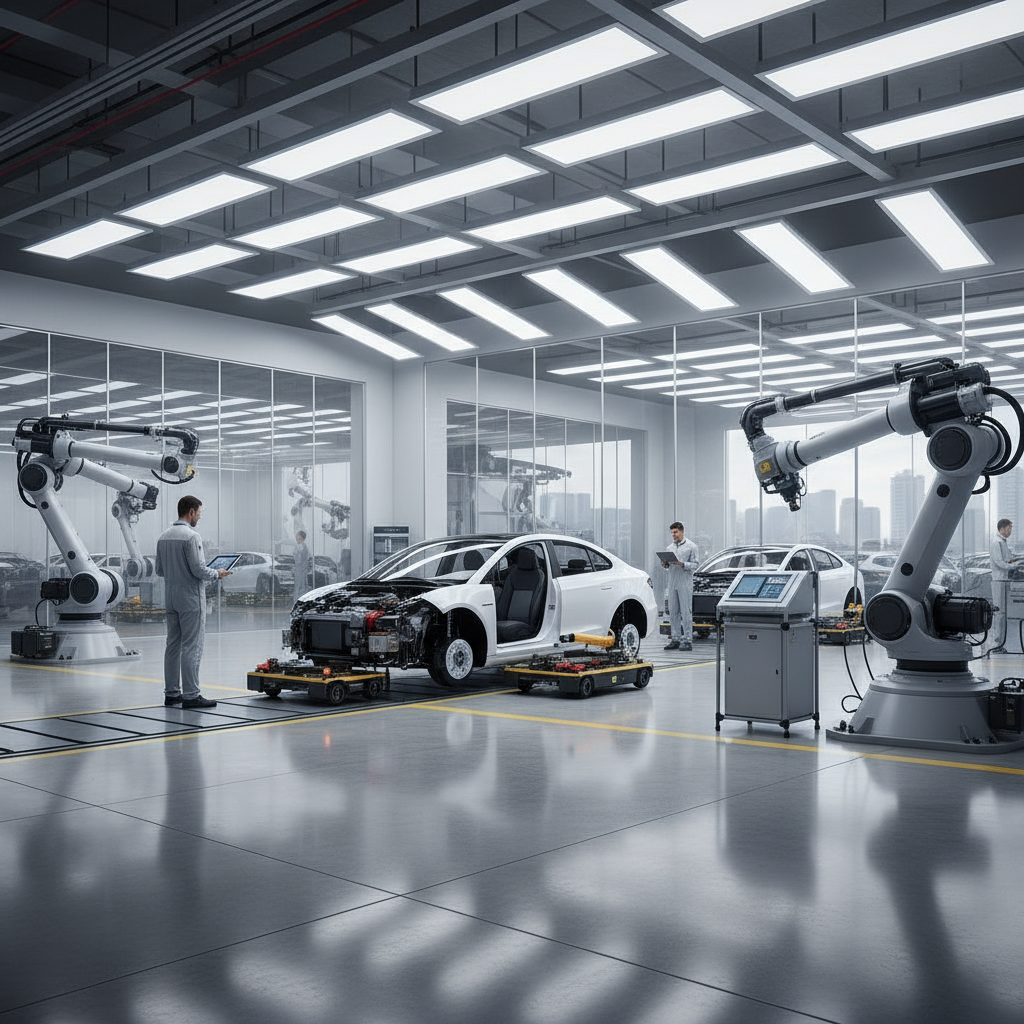 A clean and high-tech automotive factory floor producing EVs, lifestyle photography, bright lighting, industrial background, no text