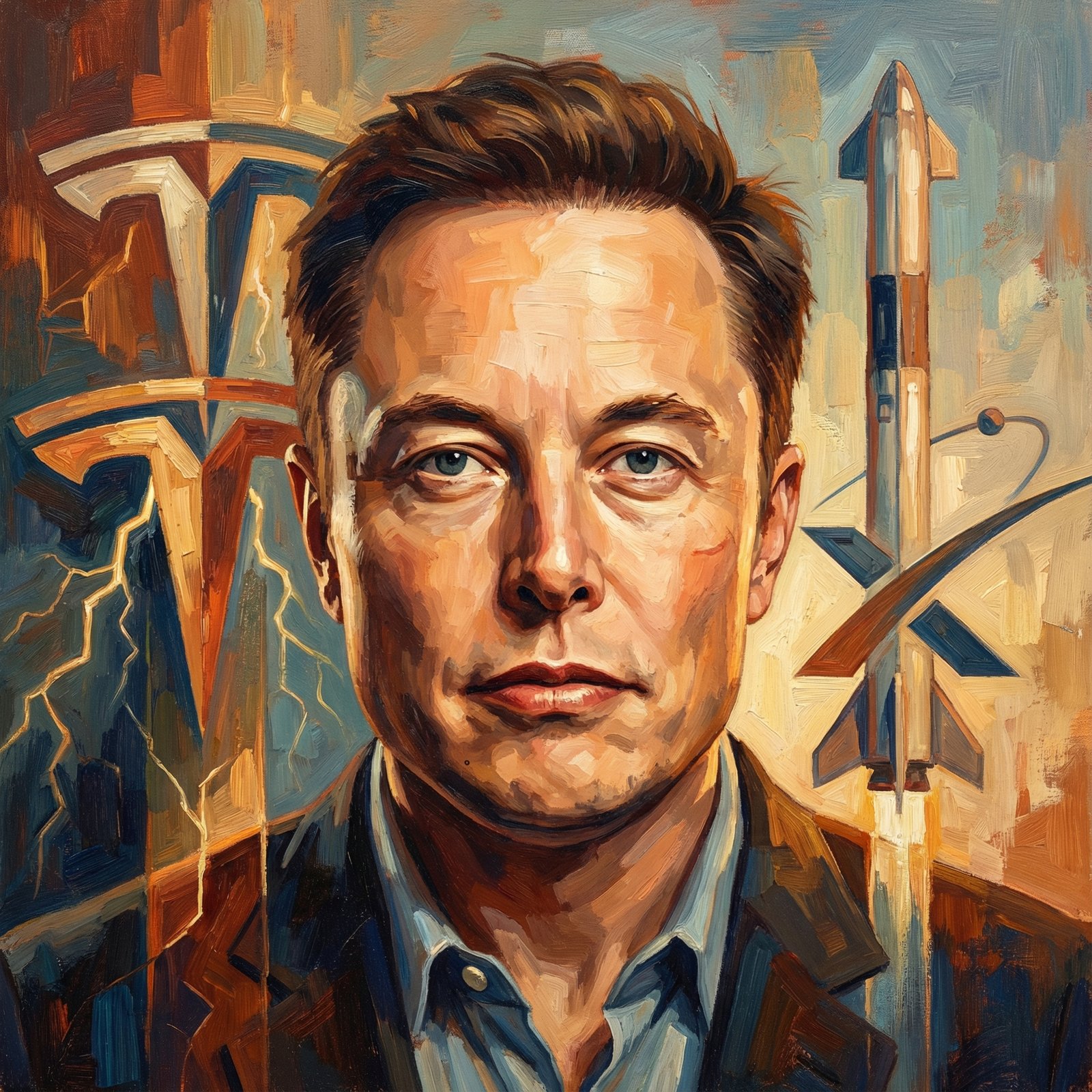 A stylized portrait of Elon Musk looking determined, with abstract representations of the Tesla logo on one side and the SpaceX logo on the other, symbolizing his dual ventures. Informational style, warm lighting, no visible text, 1:1 aspect ratio.