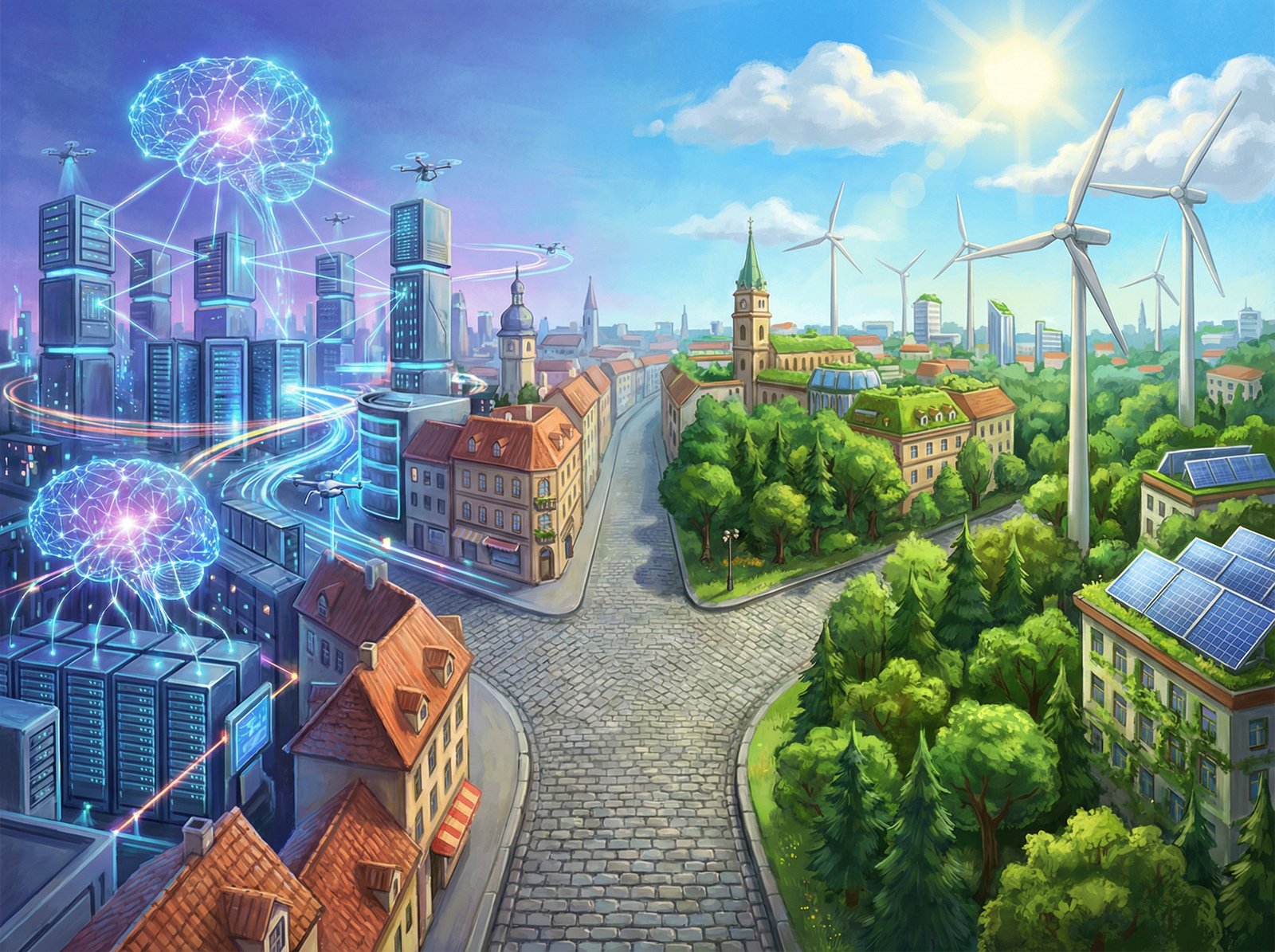 A conceptual illustration of a European cityscape divided by a fork in the road one side showing advanced AI neural networks and data centers and the other side showing lush green forests and wind turbines under a bright sky 4:3 no visible text
