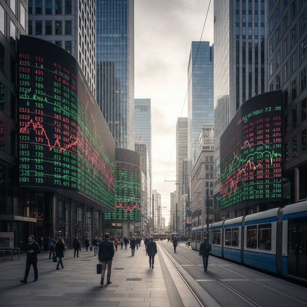 A professional looking European financial district street with digital stock market displays showing green and red numbers, modern architecture, soft daylight, high contrast photography, no text