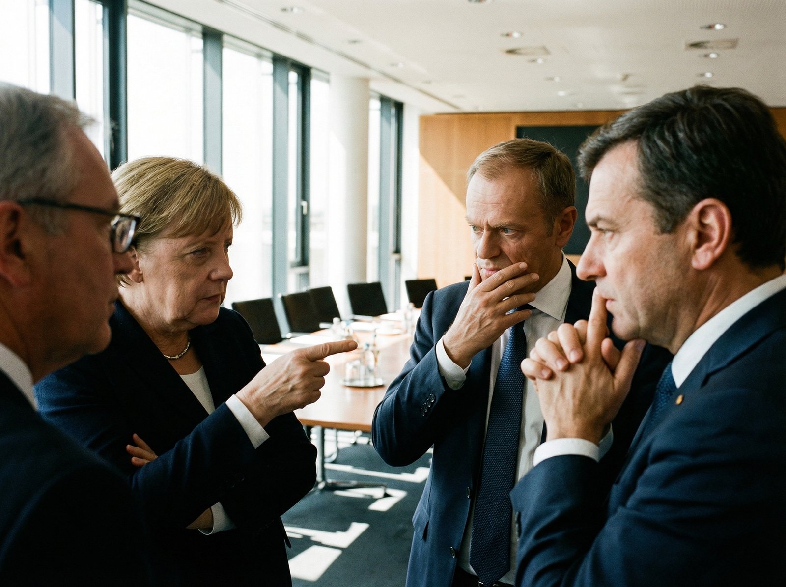 European leaders in a modern, well-lit conference room, engaged in discussion. The composition is focused on their faces and gestures, conveying a sense of serious deliberation. The style is informational with high contrast. Aspect ratio 4:3, no visible text.