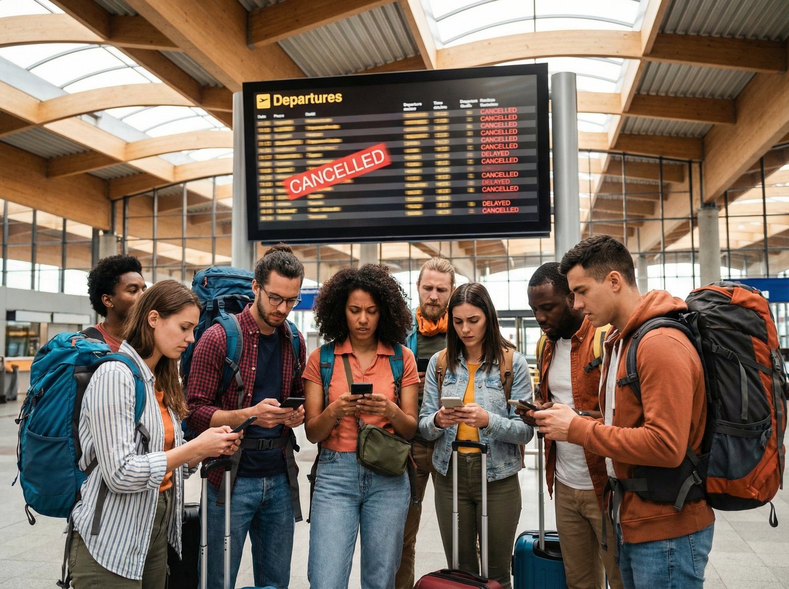 A group of diverse travelers looking at a large departure board displaying "cancelled" or "delayed" in a modern train station. They show expressions of disappointment and confusion, some checking their phones. Lifestyle photography, warm lighting, natural setting, no visible text, 4:3 aspect ratio.