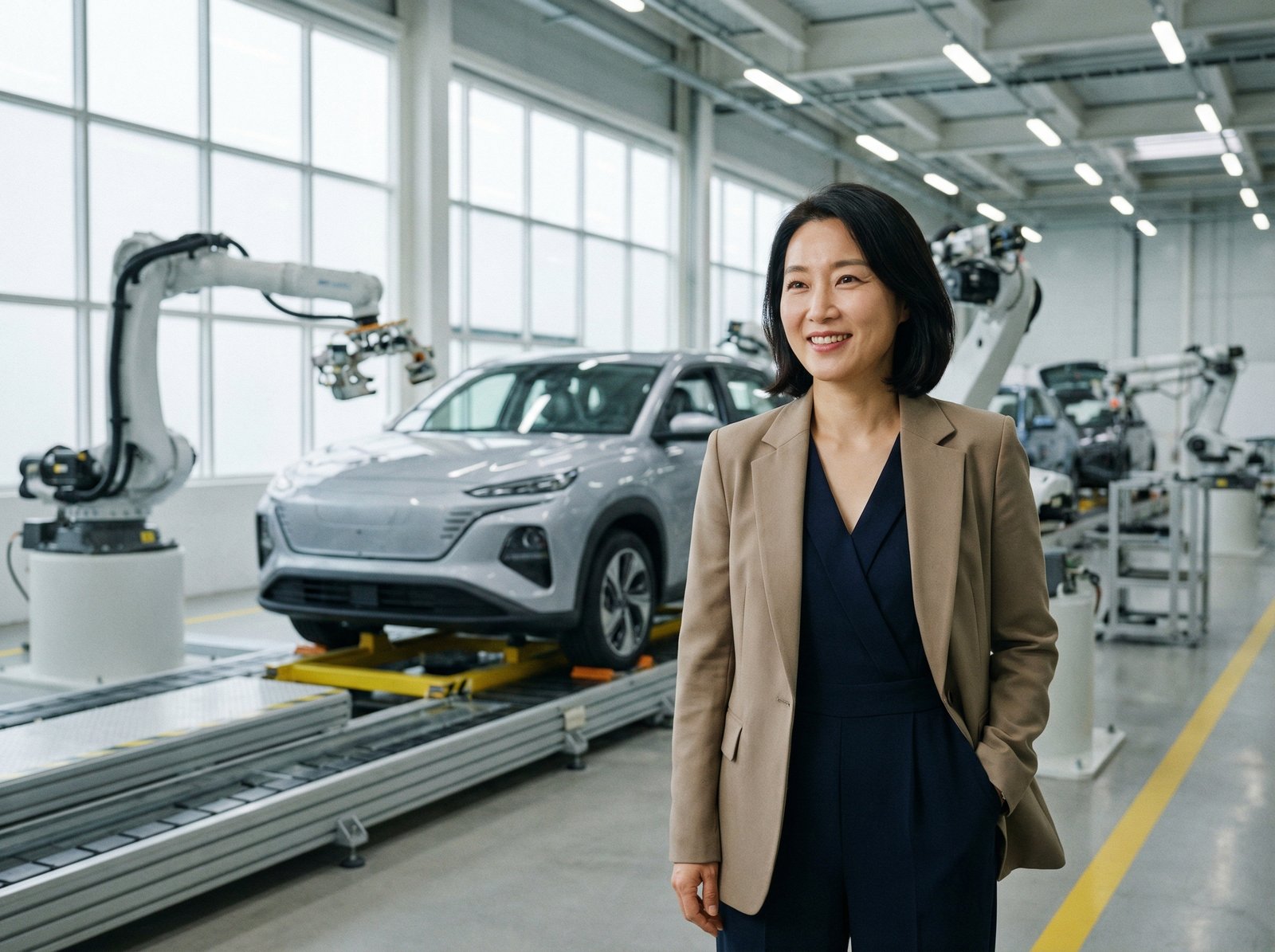 A confident looking Korean female business executive in a sleek, modern car manufacturing plant. Advanced robotics and production lines are visible in the background, symbolizing innovation and efficiency. The lighting is bright and balanced. Aspect ratio 4:3, no visible text.