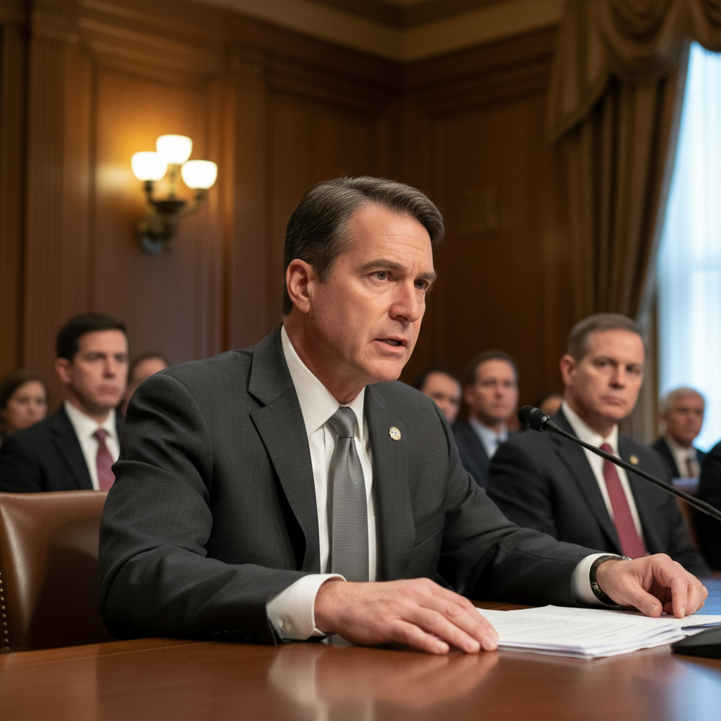 A professional man in a suit giving testimony at a Senate hearing with serious expression, intensive atmosphere, warm indoor lighting, wooden panel background, high quality photography, no text