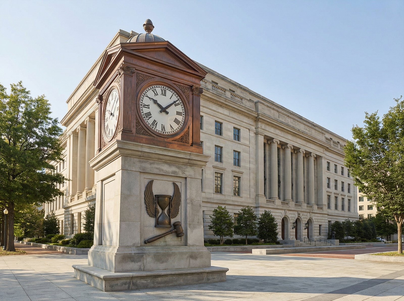 The majestic Federal Reserve building with a prominent clock tower in the foreground, subtly symbolizing the passage of time and critical economic decisions. Bright and balanced lighting. Aspect ratio 4:3. No visible text.