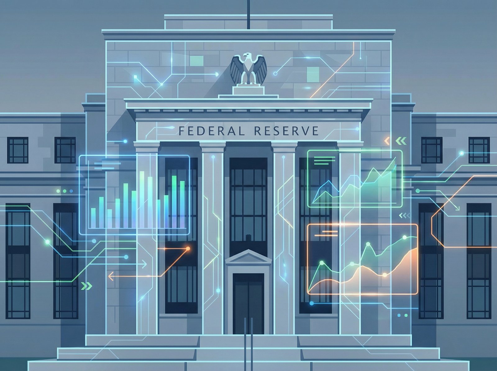 An illustration of the Federal Reserve building with a digital overlay of financial data and charts, symbolizing economic policy and market impact. The style should be modern and professional. Aspect ratio 4:3, no visible text.