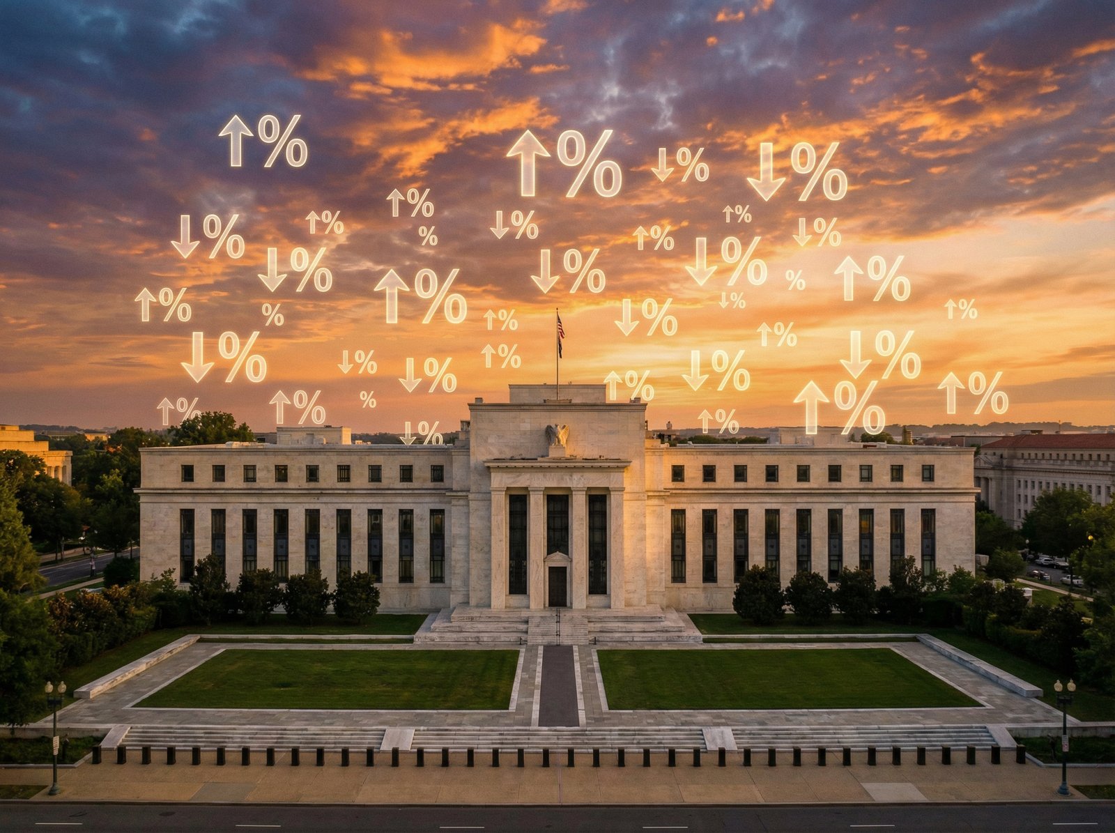 The Federal Reserve building in Washington DC with a conceptual representation of interest rate symbols floating in the air, sunset lighting, high quality architectural photography, 4:3 aspect ratio, no text