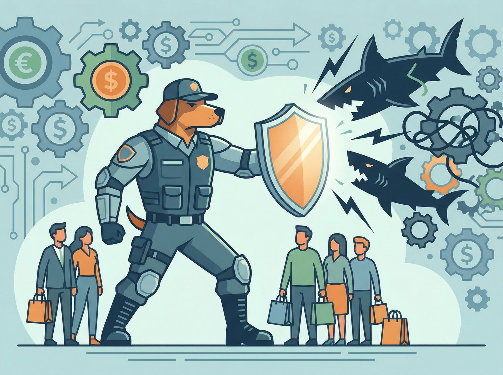 A stylized illustration of a vigilant watchdog character protecting consumers from predatory financial schemes, with gears and money symbols in the background, informational style, modern design, 4:3 aspect ratio, no visible text, no Korean text.