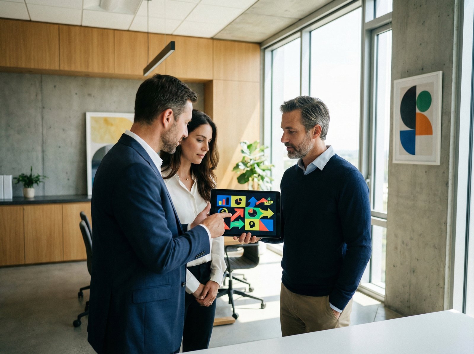 A financial advisor explaining complex financial options to a couple, using a tablet. Modern, clean infographic style, high contrast, 4:3 aspect ratio, no visible text.