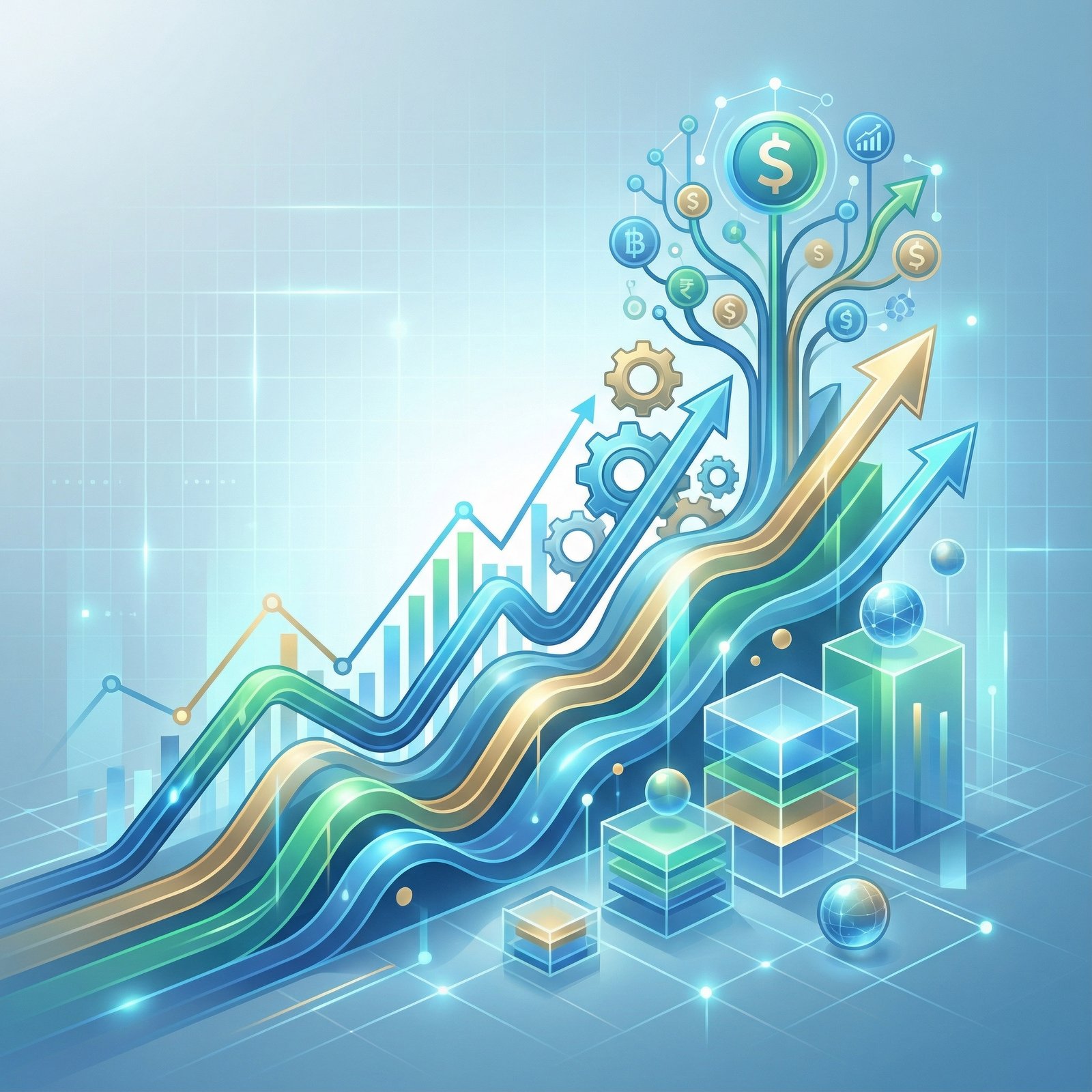 Dynamic financial charts showing an upward trend, with abstract representations of economic growth and investment. Clean, modern infographic style. no visible text, aspect ratio 1:1