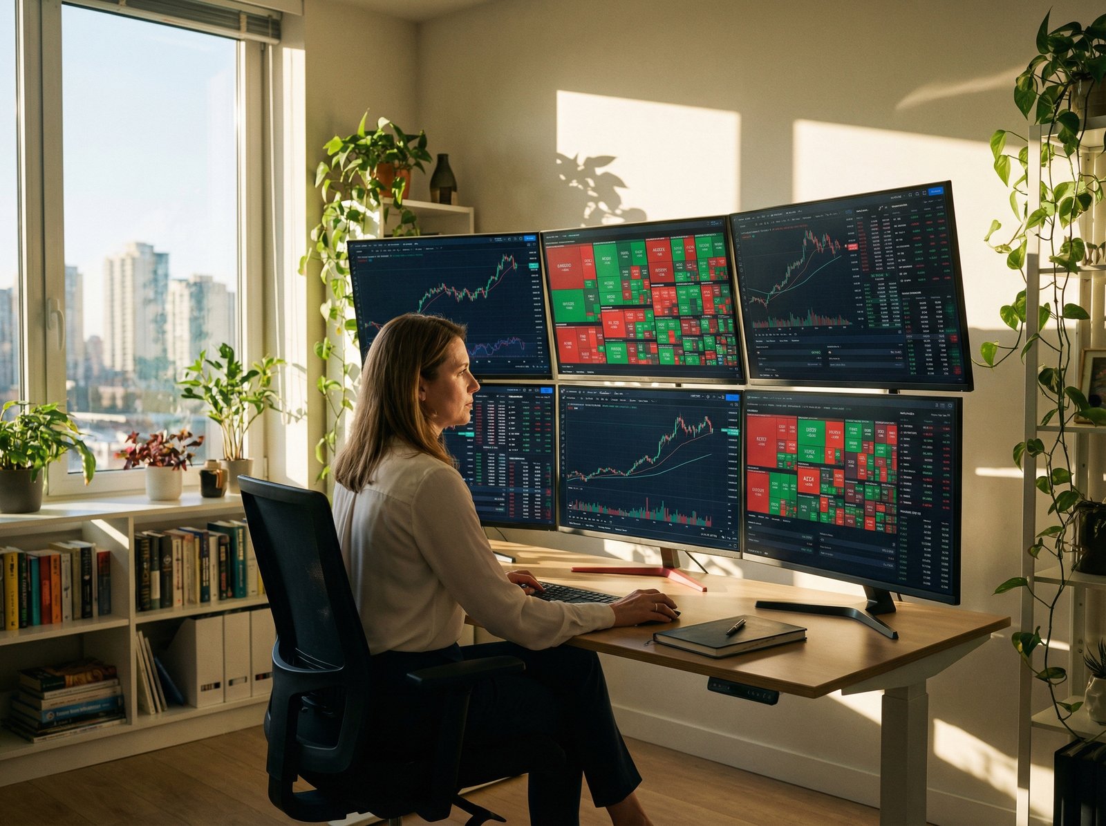 A professional economist in a modern office looking at multiple digital screens displaying stock market charts and financial data, warm natural lighting, realistic photography style, 4:3 aspect ratio, no text